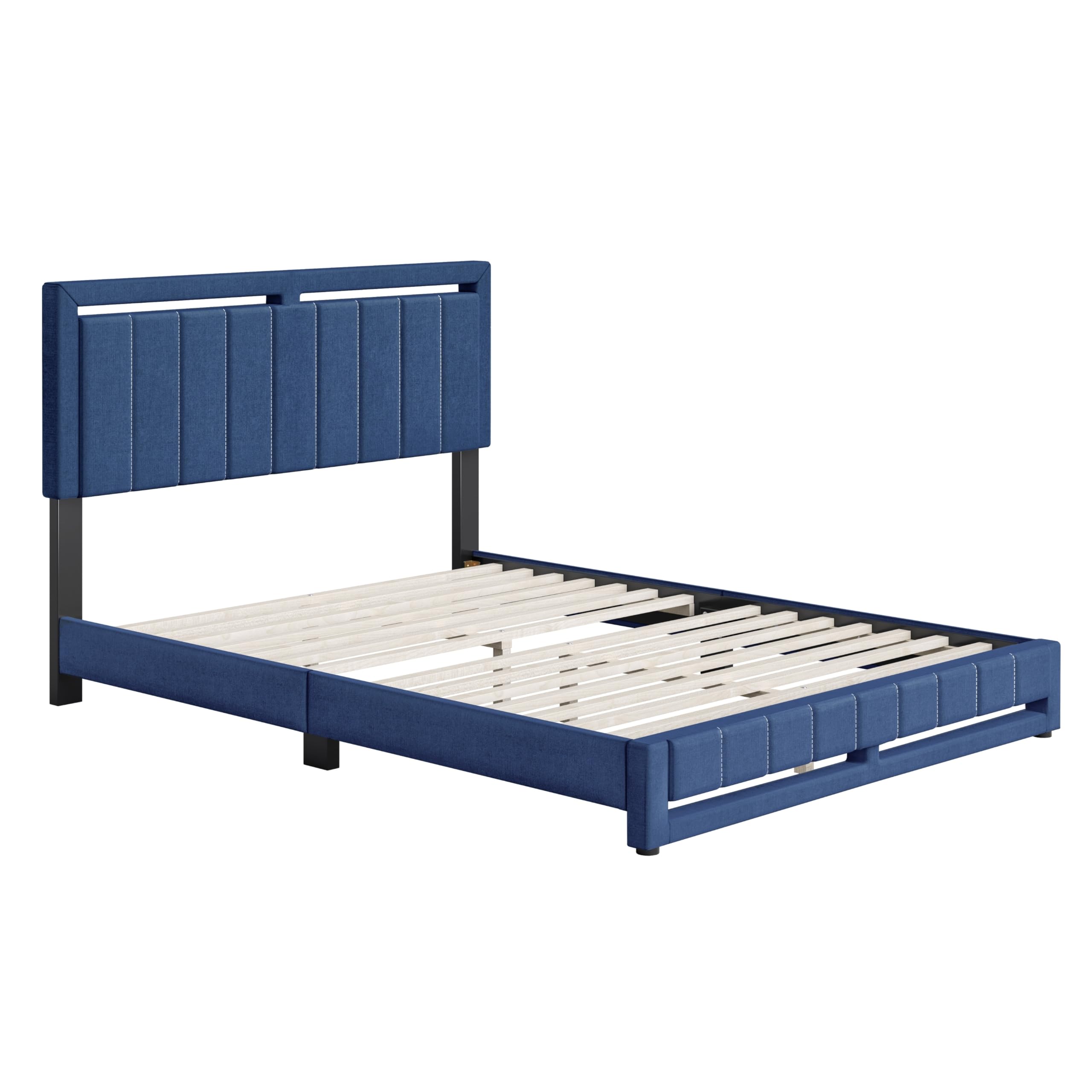 Boyd Sleep Beaumont Upholstered Platform Bed with Headboard, Mattress Foundation with Strong 14 Wood Slat Supports, No Box Spring Required, Blue Linen, Size King
