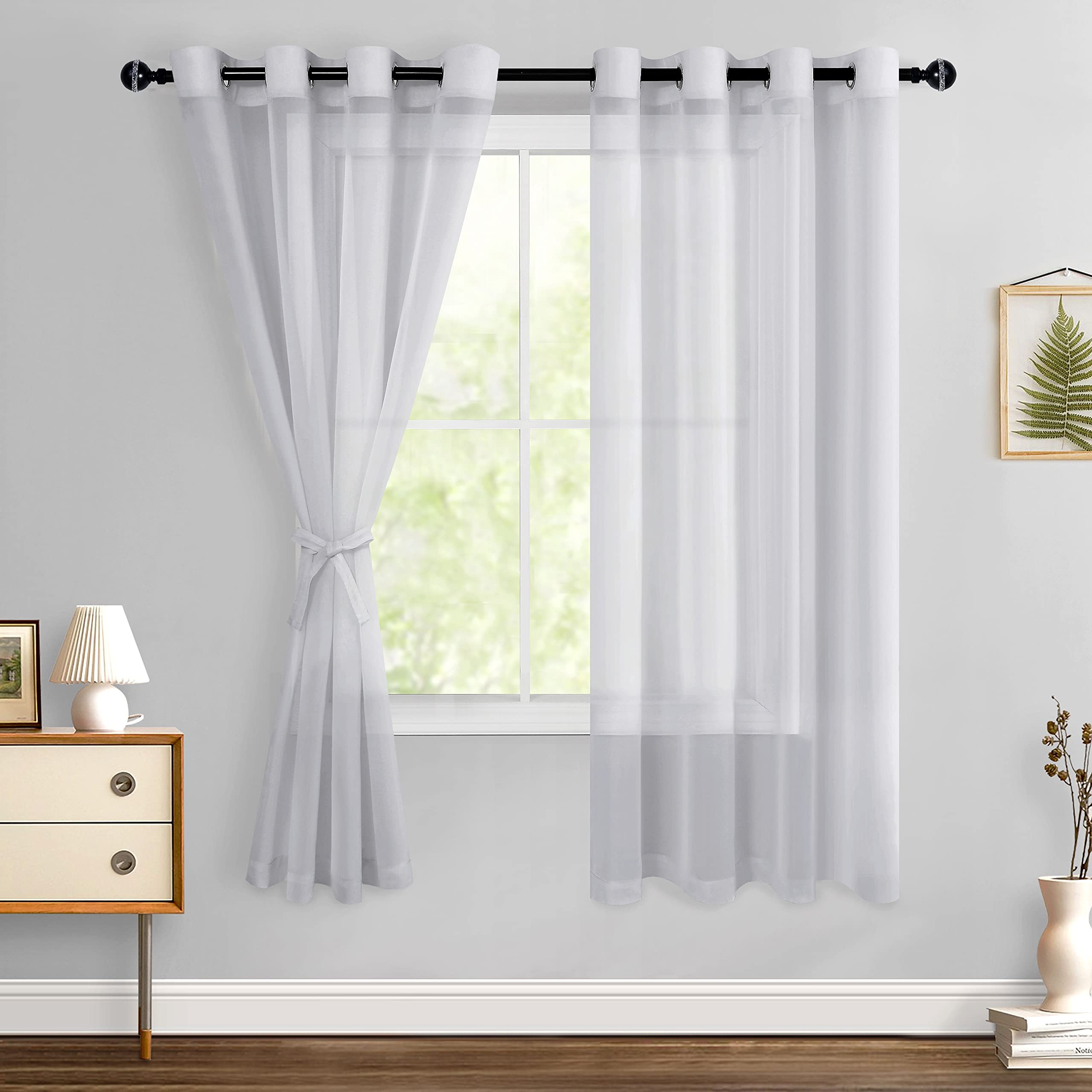 Hiasan Grey Sheer Curtains 63 Inch Length With Tiebacks, Light Filtering Voile Textured Drape Lightweight Grommet Window Curtains For Bedroom, Living Room And Office, W52 X L63, 2 Panels