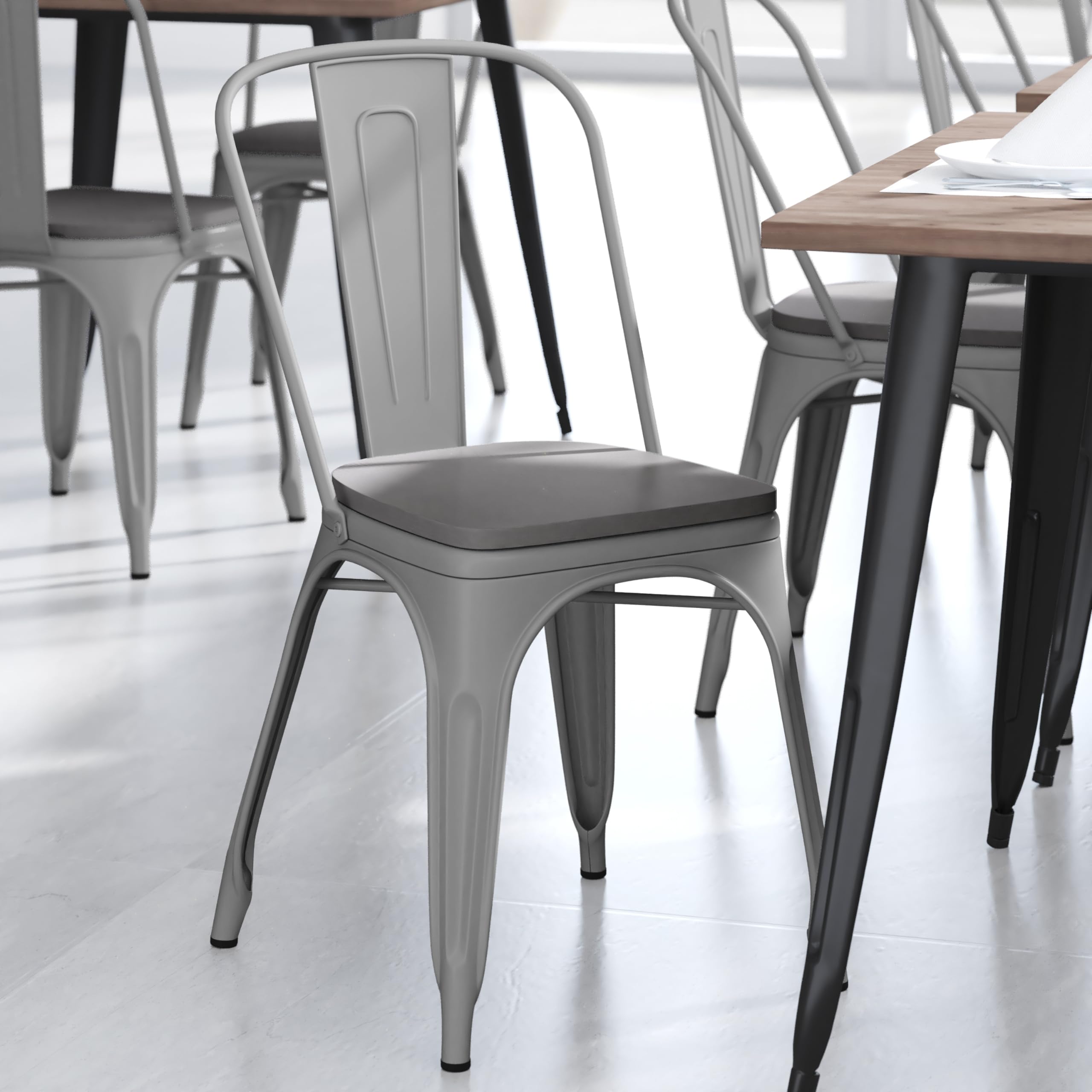 Flash Furniture Perry Indoor/Outdoor Commercial Stackable Chair With Polystyrene Seat - Silver Metal Frame - Gray Poly Resin Seat - Rounded Seat Edges For Comfort