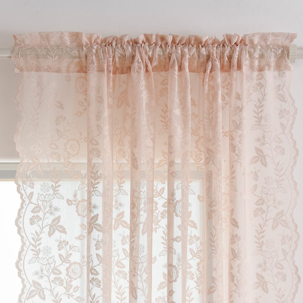 Finecity Blush Pink Lace Curtains 45 Inch Length, Country Branch Leaf Floral Pattern Short Lace Cafe Curtains 2 Panels Set For S