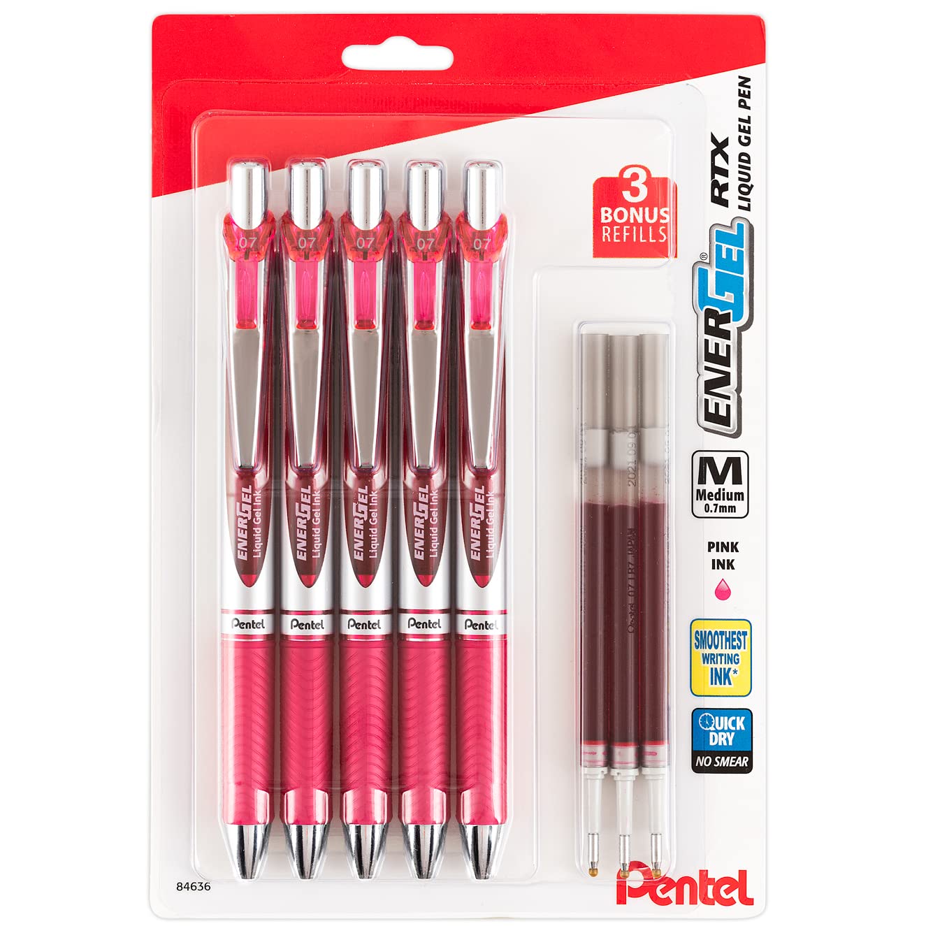 Pentel Energel 0.7 Mm Liquid Gel Ink Pens - Pink Ink - Pack Of 5 Deluxe Rtx Pens With 3 Pink Refills