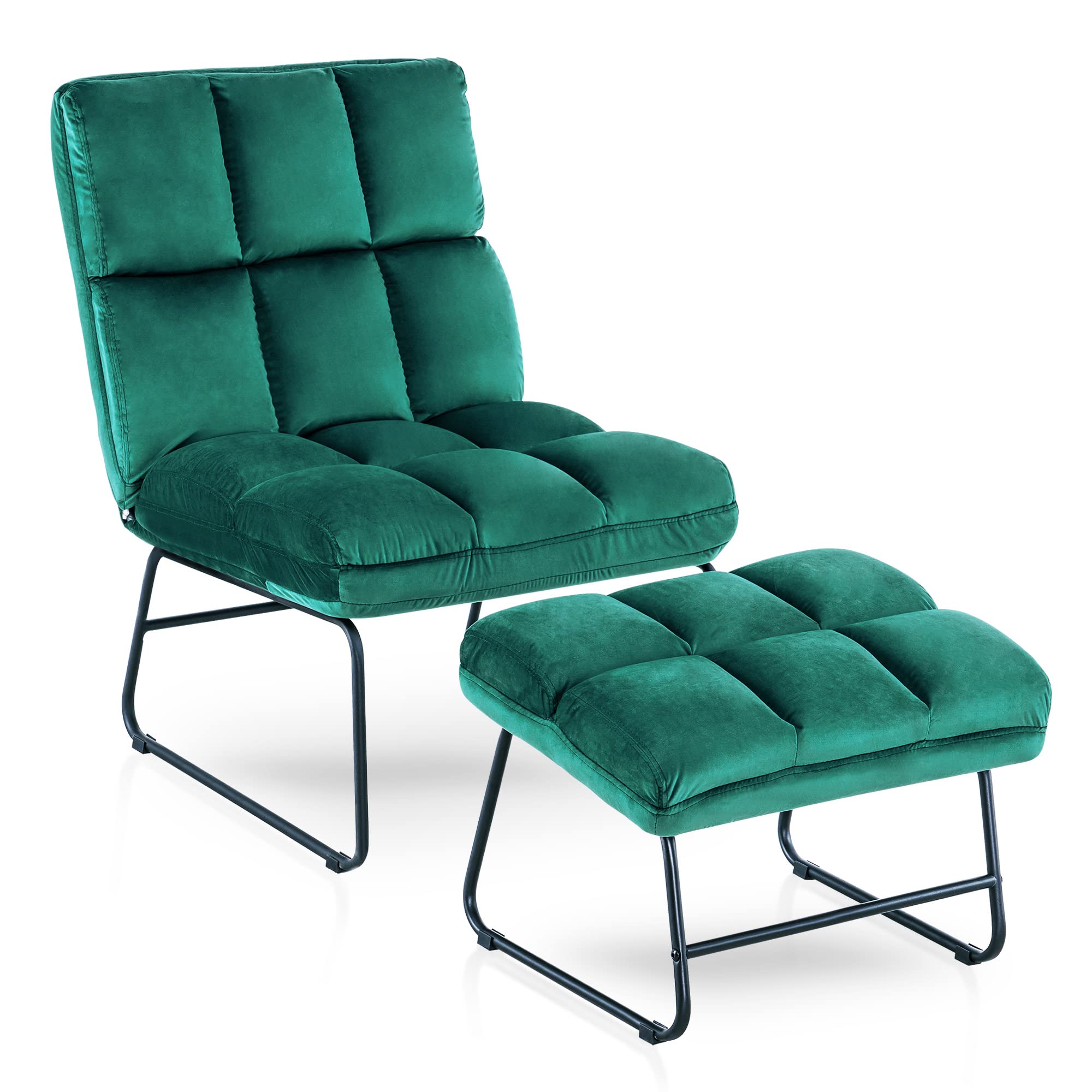 Mcombo Velvet Accent Chair With Ottoman Set, Modern Armless Chair For Living Room, Bedroom, Small Space 0014 (Velvet, Dark Green