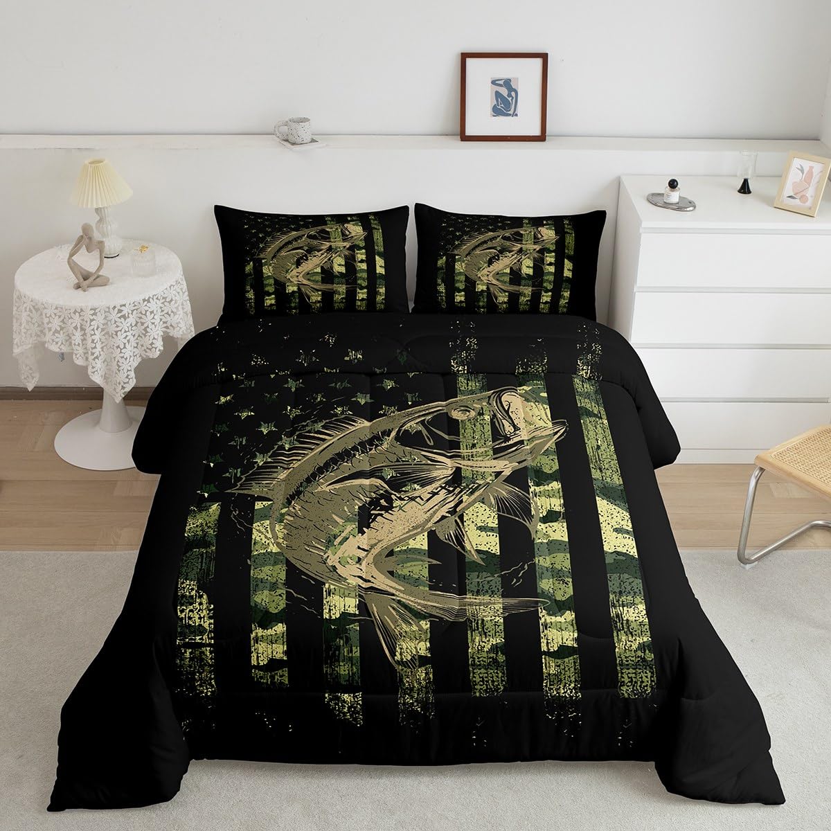 Green Black Camouflage Comforter Set Fish Camo American Flag Bedding Set For Women Men Room Farmhouse Fishing Decor Comforter Wi