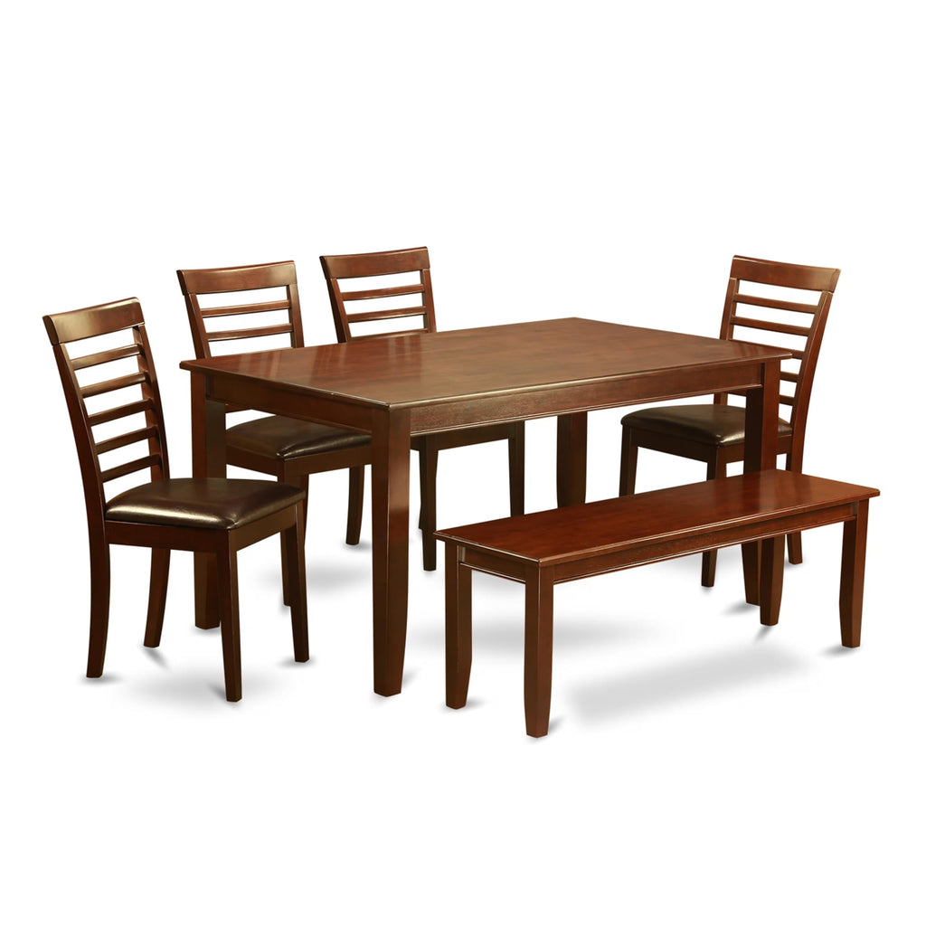East West Furniture DUML6D-MAH-LC 6-Pc Dining Table Set - a Wooden Table and a Gorgeous Bench with Rectangular Top - 4 Dining Room Chairs with Faux Leather Seat & Ladder Back - Mahogany Finish