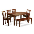 East West Furniture DUML6D-MAH-LC 6-Pc Dining Table Set - a Wooden Table and a Gorgeous Bench with Rectangular Top - 4 Dining Room Chairs with Faux Leather Seat & Ladder Back - Mahogany Finish