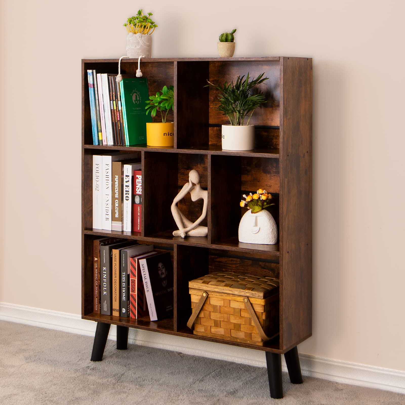 Leyaoyao Cube Bookshelf 3 Tier Mid-Century Rustic Brown Modern Bookcase With Legs,Retro Wood Bookshelves Storage Organizer Shelf,Freestanding Open Book Shelves For Bedroom,Living Room,Office