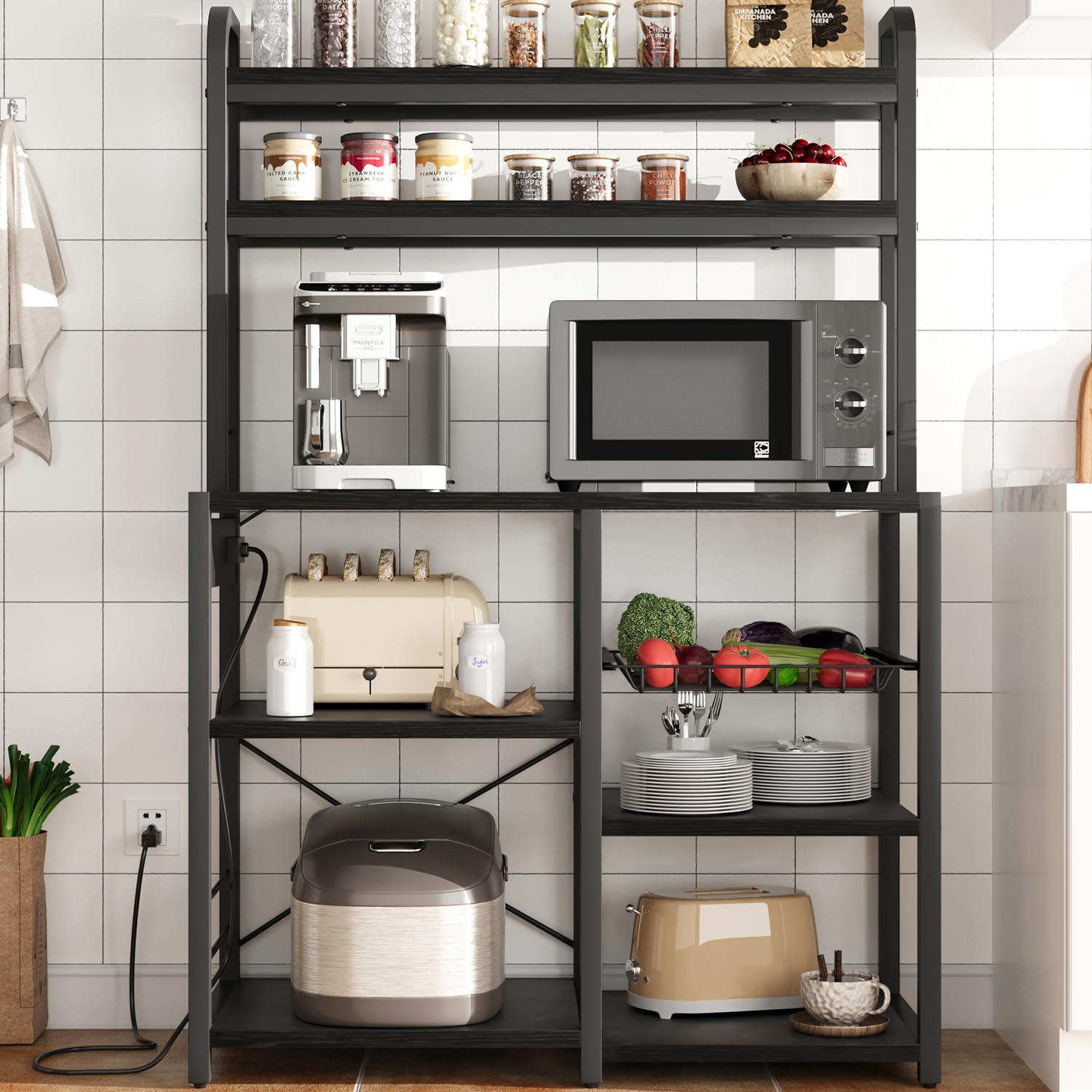 GAOMON Bakers Rack with Power Outlet, Kitchen Baker Rack with Wire Basket, Microwave Stand with Large Open Storage Shelves, 6-Ti
