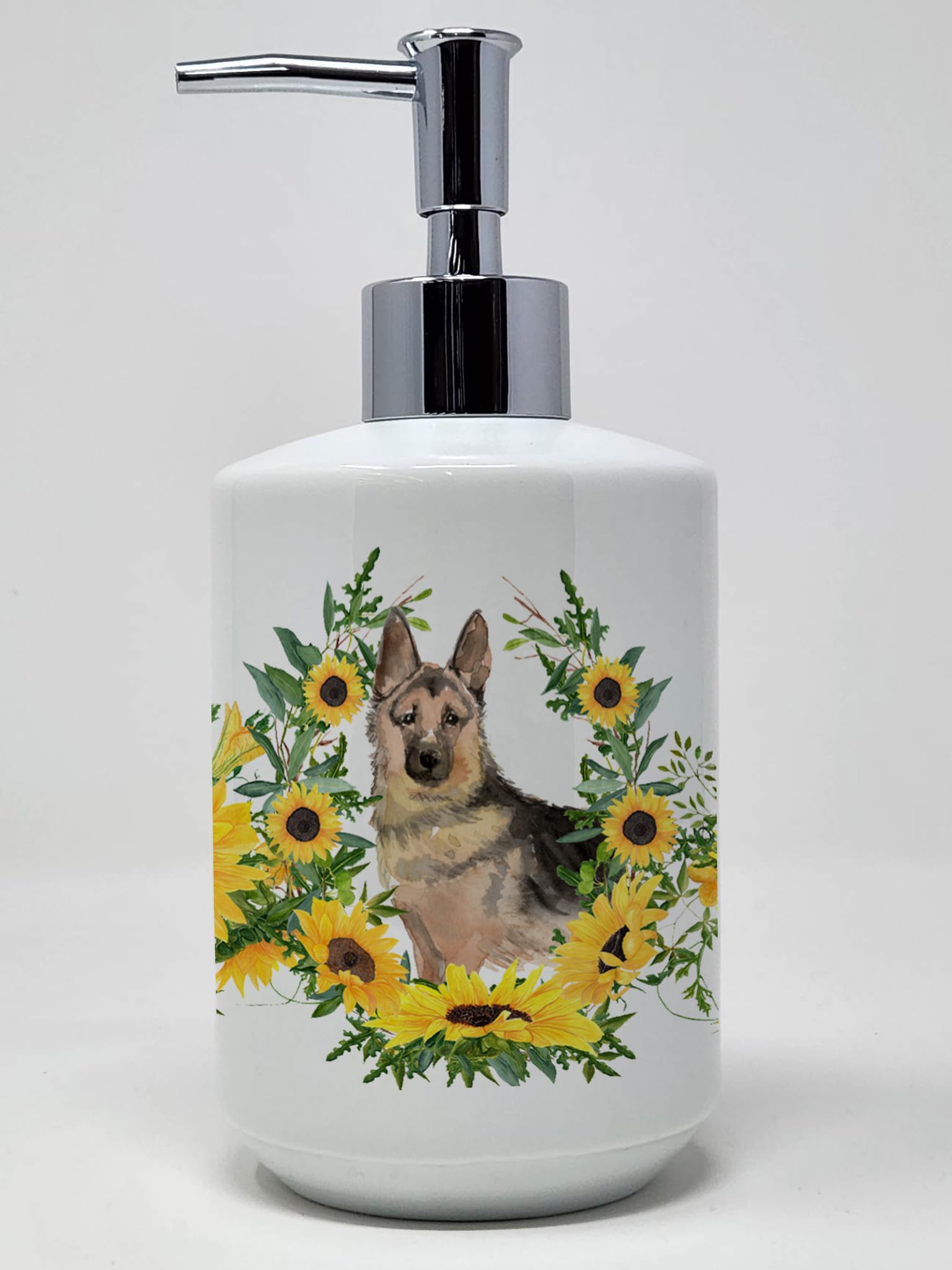 Caroline's Treasures CK2939SOAP German Shepherd in Sunflowers Ceramic Soap Dispenser Hand Soap Dispenser Pump Bottles for Bathro