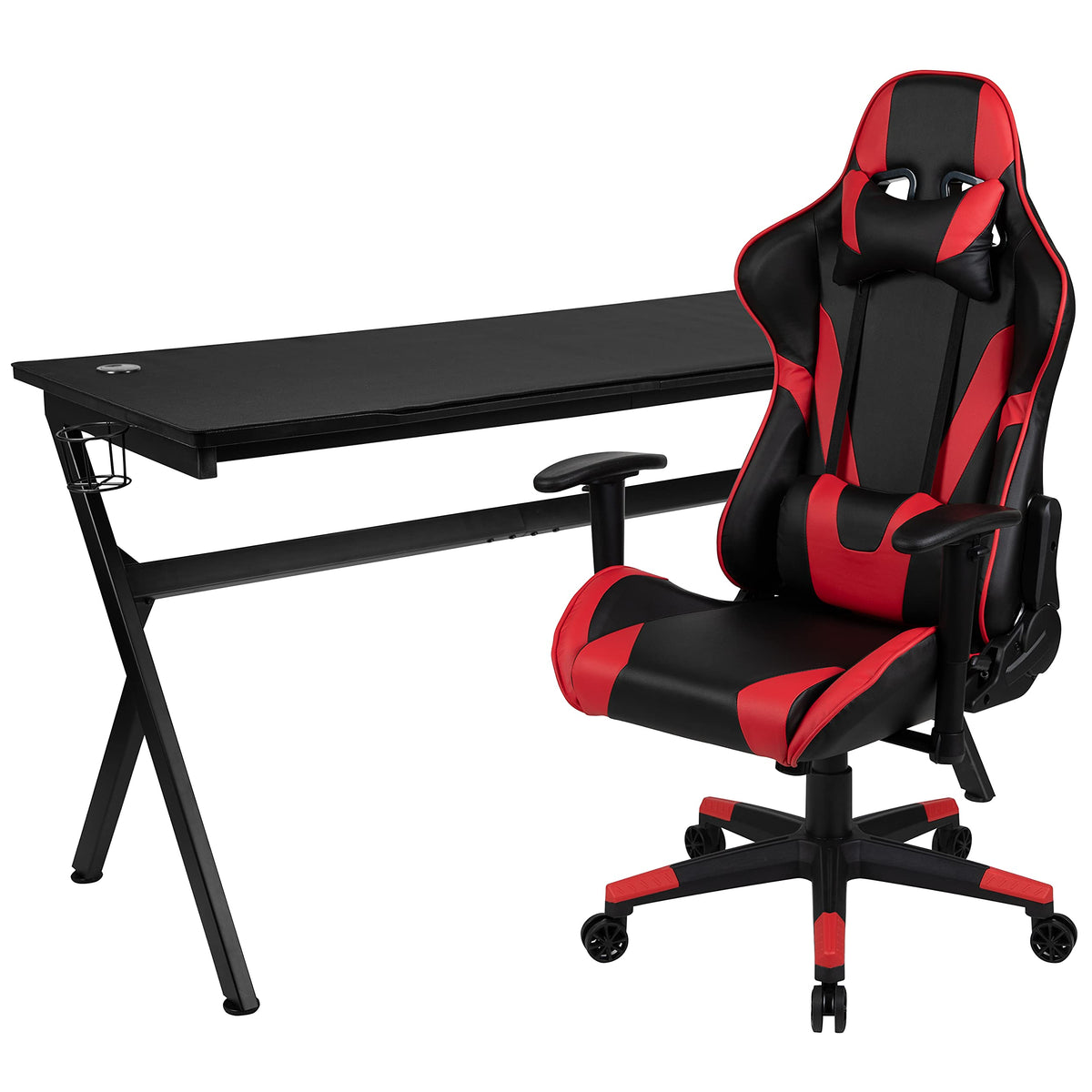 Flash Furniture Gaming Desk and Red/Black Reclining Gaming Chair Set /Cup Holder/Headphone Hook/Removable Mouse Pad Top - Wire Management