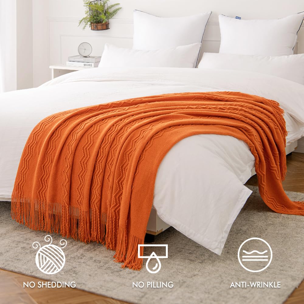 Miulee Burnt Orange Knitted Throw Blanket For Couch Boho Textured Cozy Woven Blanket With Tassels For Sofa Chair Bed Living Room Home Decor Farmhouse Acrylic Wave Pattern 50'X60'