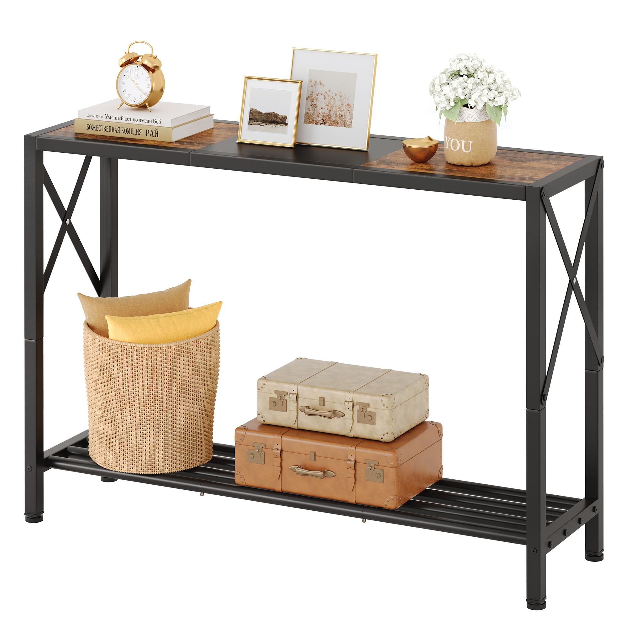 Tajsoon Console Table, 2-Tier Industrial Entryway Table, 41.8”L Narrow Entrance Sofa Table With Shelves, Hallway, Living Room, Foyer, Corridor, Office, Rustic Brown And Black