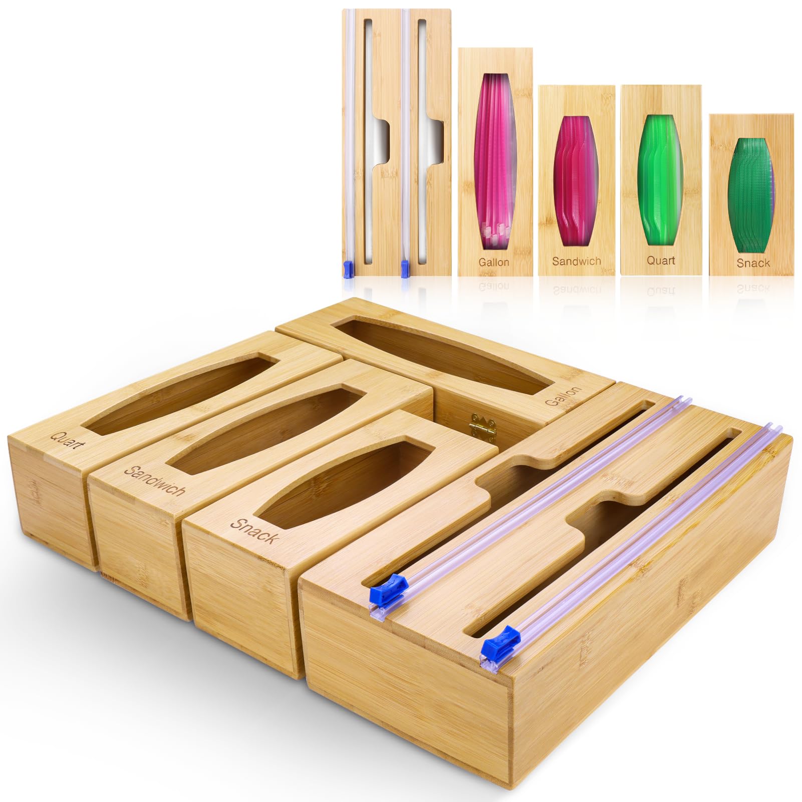 Gamtik Individual Storage Bag Organizer for Kitchen Drawer, Bamboo with Foil and Plastic Wrap Organizer for Kitchen Organizers a