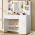 FIONESO Vanity Desk with Mirror and Lights, Makeup Vanity with Power Outlet and 4 Drawers & 6 Shelves & 5 Hooks, 3 Color Modes &