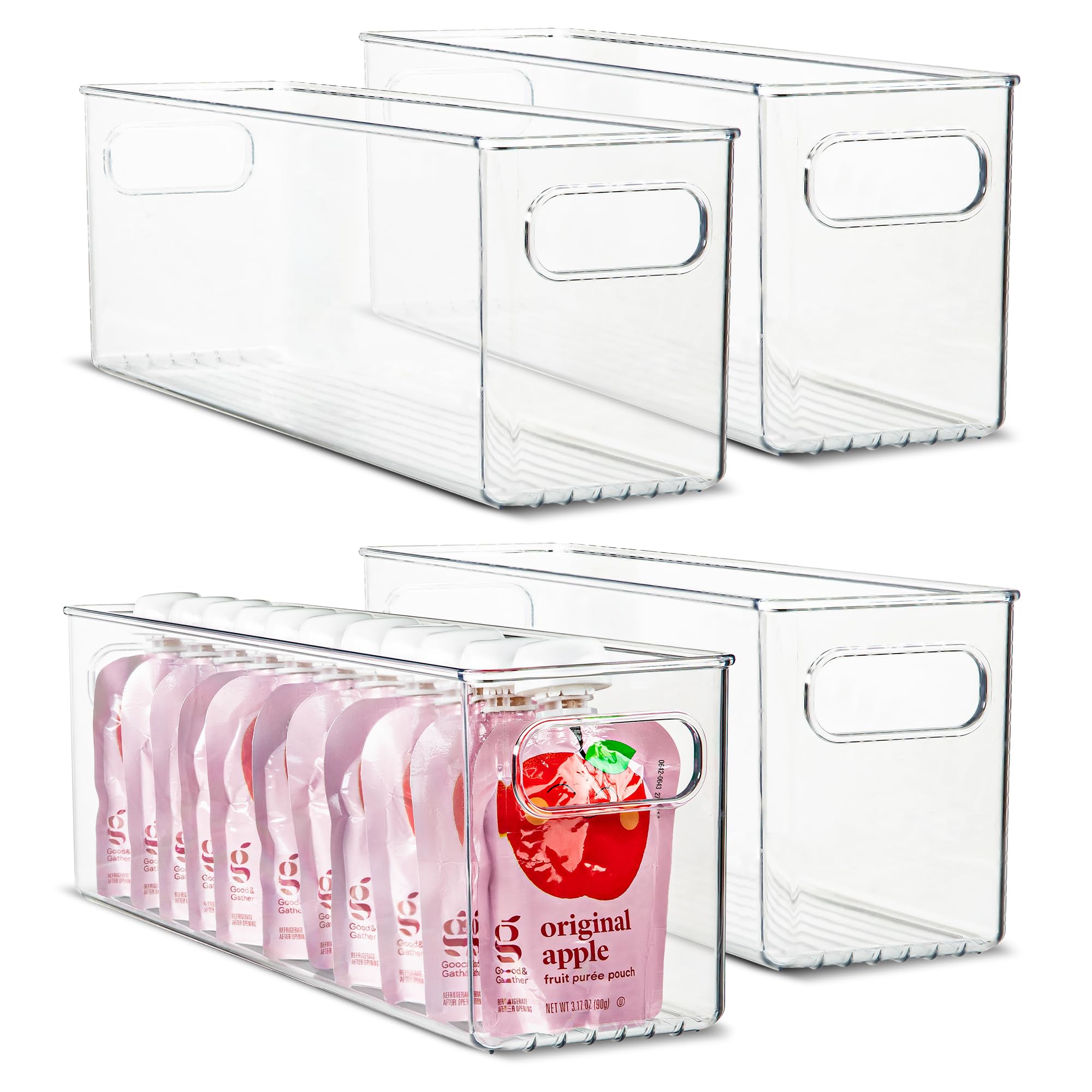 Plastic Food Storage 4 Pack Clear Container Bin With Handles For Organizing Kitchen, Pantry, Refrigerator, Freezer, Pantry, Cabi