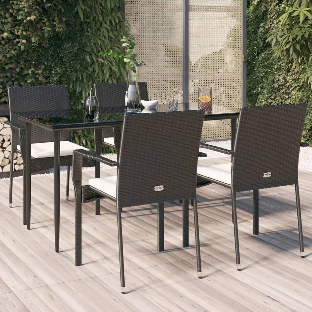 vidaXL Modern 5 Piece Patio Dining Set - Black Poly Rattan Outdoor Furniture with Cream White Cushions, Tempered Glass Tabletop for Garden, Patio, Lounge Area