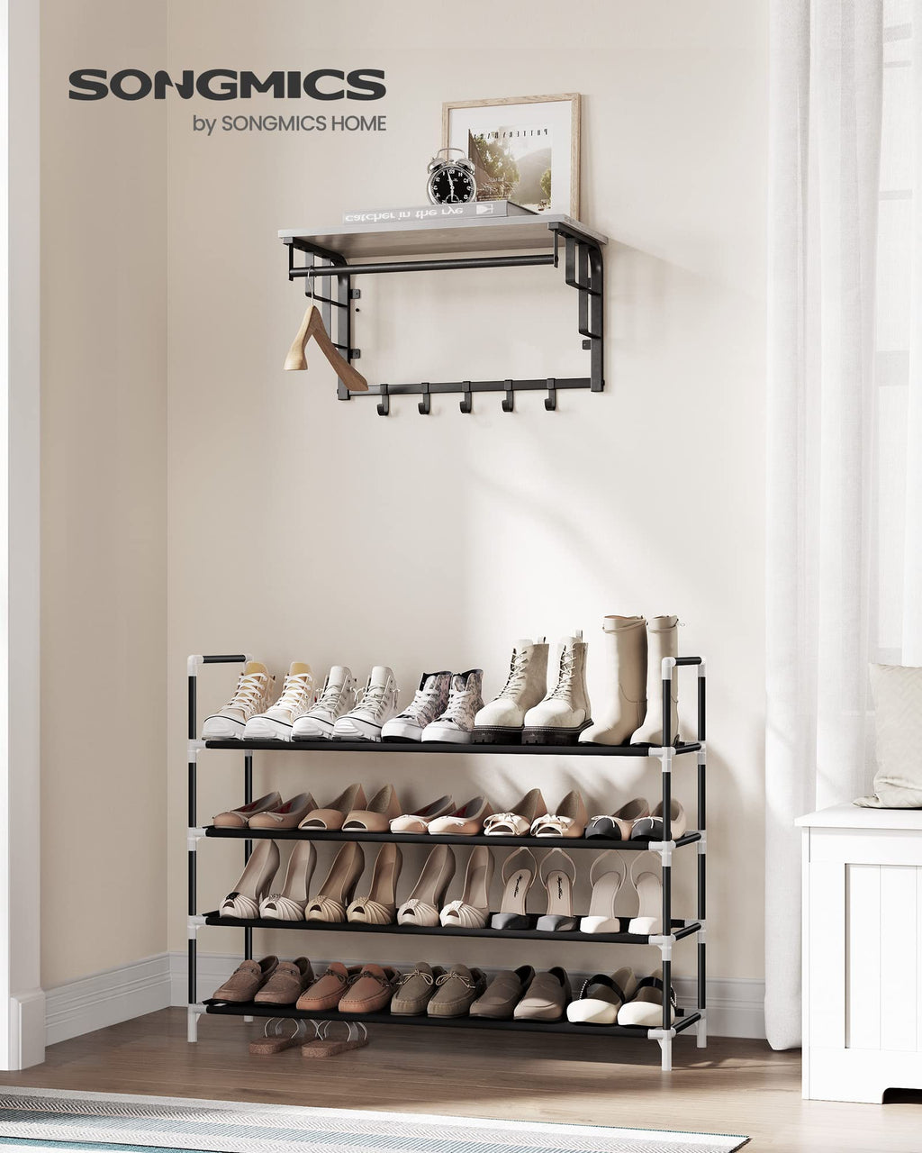 Songmics 4-Tier Shoe Rack, Shoe Storage For Hallway Closet, Slim And Space-Saving, Metal Frame, Non-Woven Fabric Shelves, Black Ulsh054B01