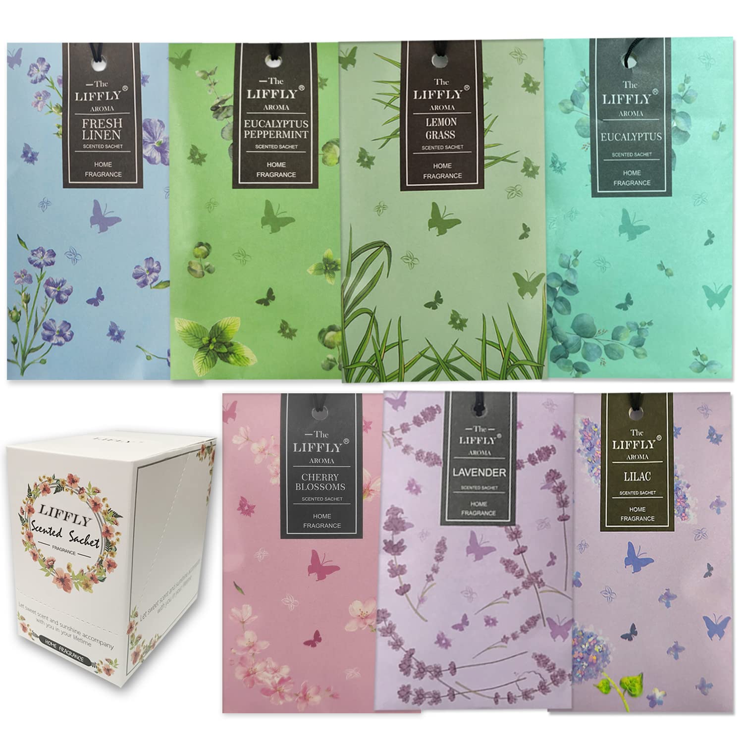 LIFFLY 14 Packs Scented Sachets Bags for Drawers and Closets Long-Lasting Home Fragrance Sachet Lavender Cherry Blossoms Lilac F