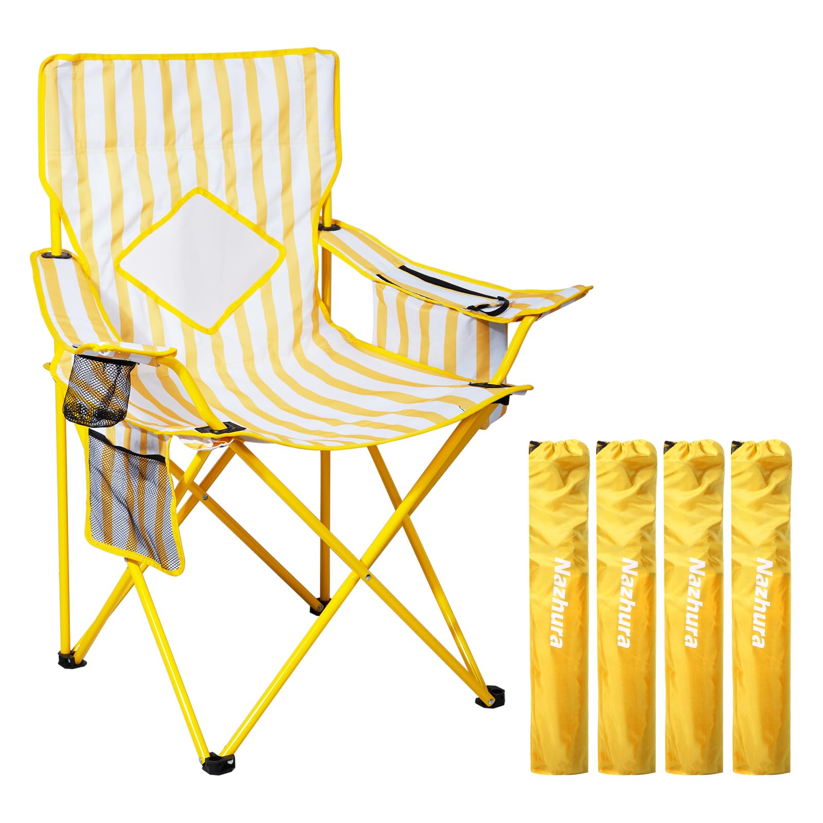 Nazhura 4 Pack Folding Camping Chair with Cooler Pouch, Mesh Backrest and Cup Holder Pocket (Yellow, 4 Pack)