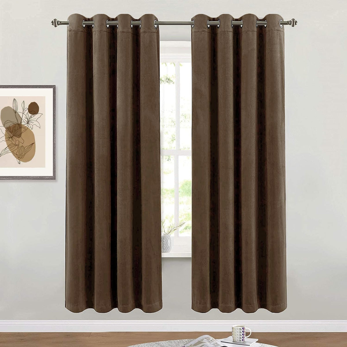 SMILETIME Brown 72 in Long Velvet Curtains with Grommet, Thermal Insulated Super Soft Privacy Noise Reducing Light Blocking Velv