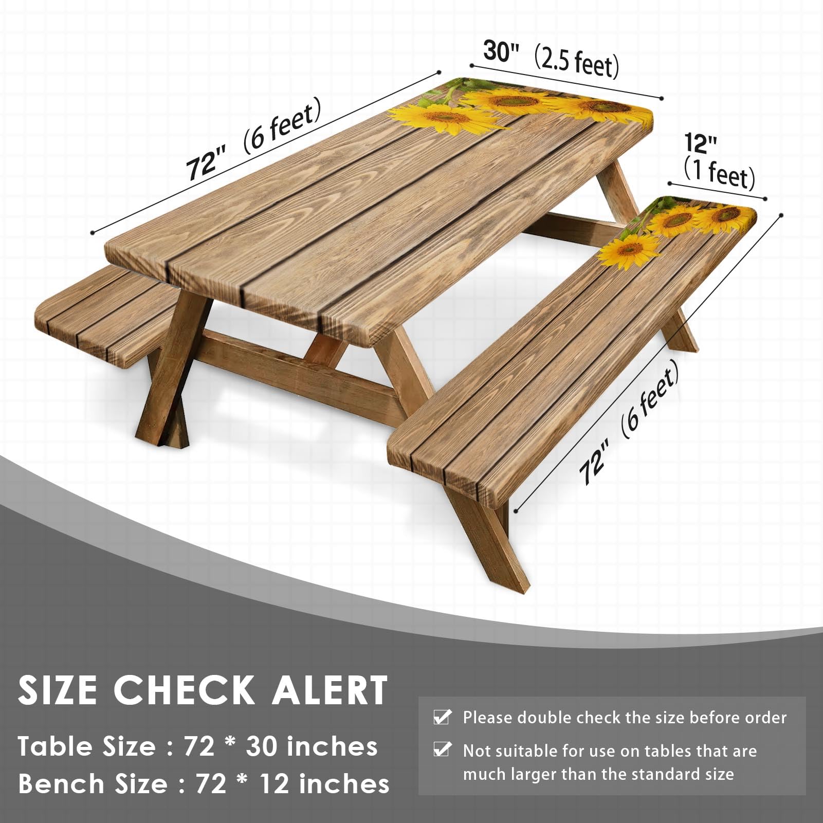 Nesphy Sunflower Wooden Picnic Table Cover With Bench Covers, Rustic Summer Floral Farmhouse Outdoor Camping Essentials 6Ft 3Pcs