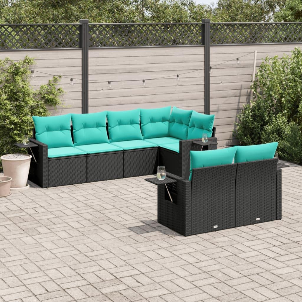 vidaXL Patio Sofa Set 7 Piece Black Poly Rattan with Blue Cushions - Thumbnail 2