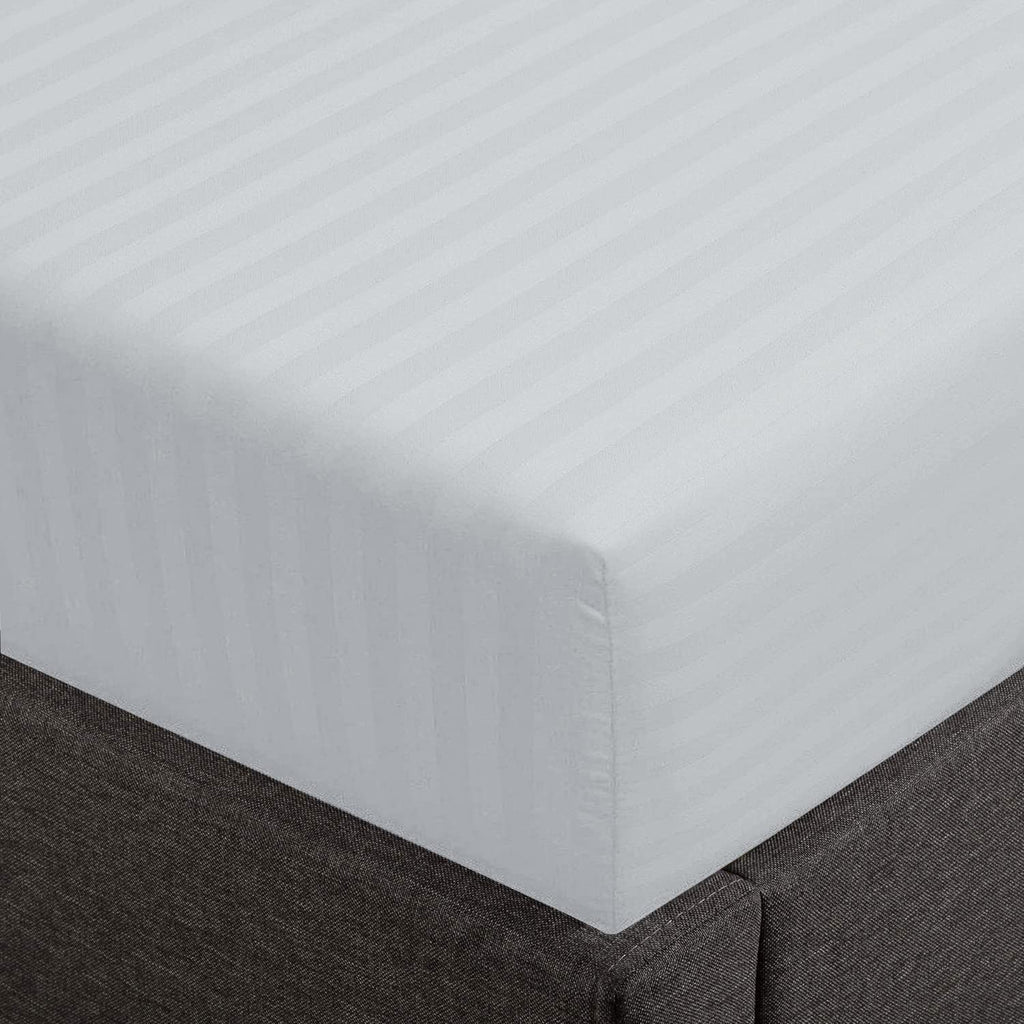 Feather & Stitch 100% Cotton 1 Piece Damask Stripe Queen Fitted Sheet 500 Thread Count Blue Blush 18 Inch Extra Deep Pocket Luxury Sateen Weave Stretchable Elastic Fits Mattress Perfectly