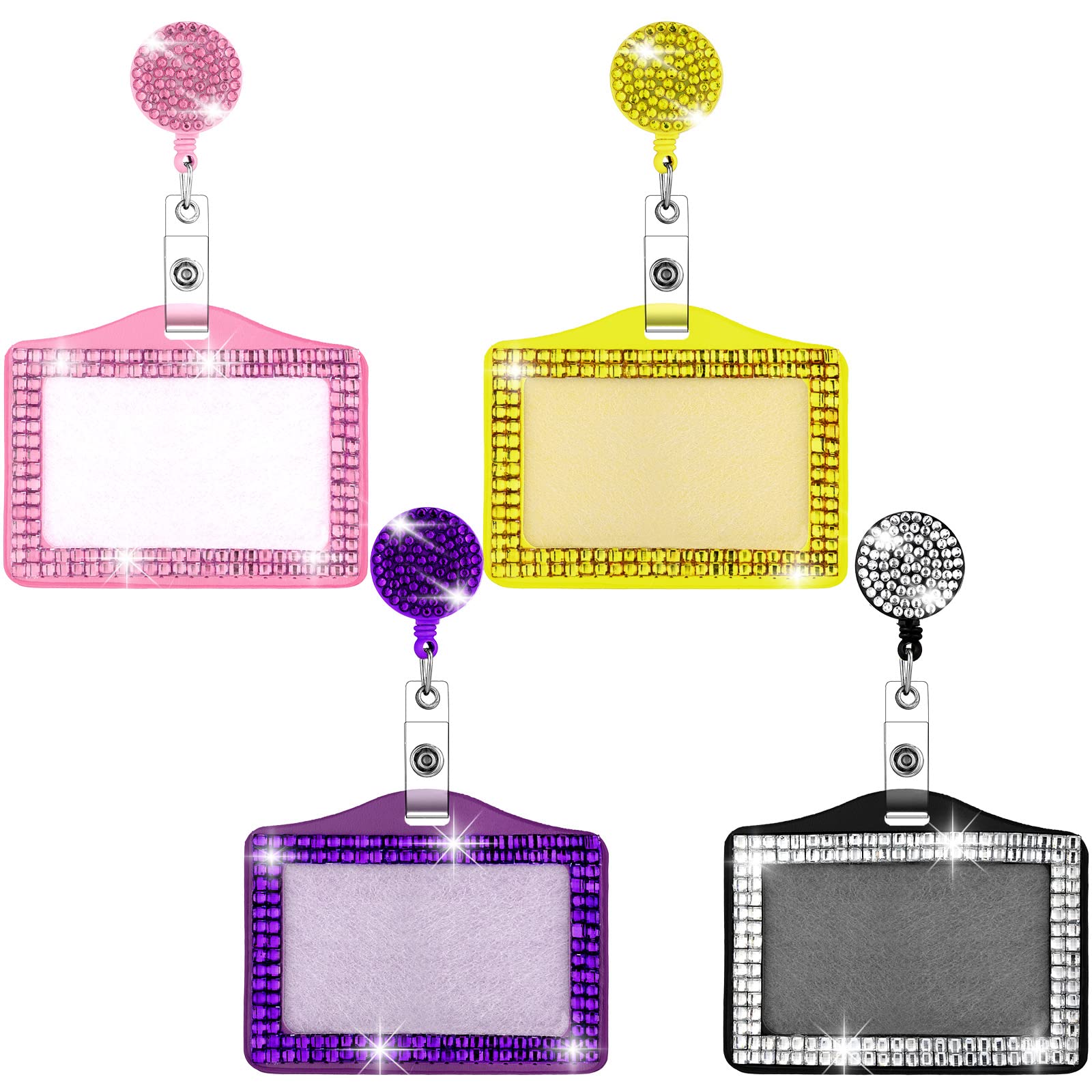 4 Pieces Bling Id Badge Holder Rhinestones Badge Holder Rhinestone Id Badge Small Reel Rhinestone Id Holder Cute Badge Holder Bl