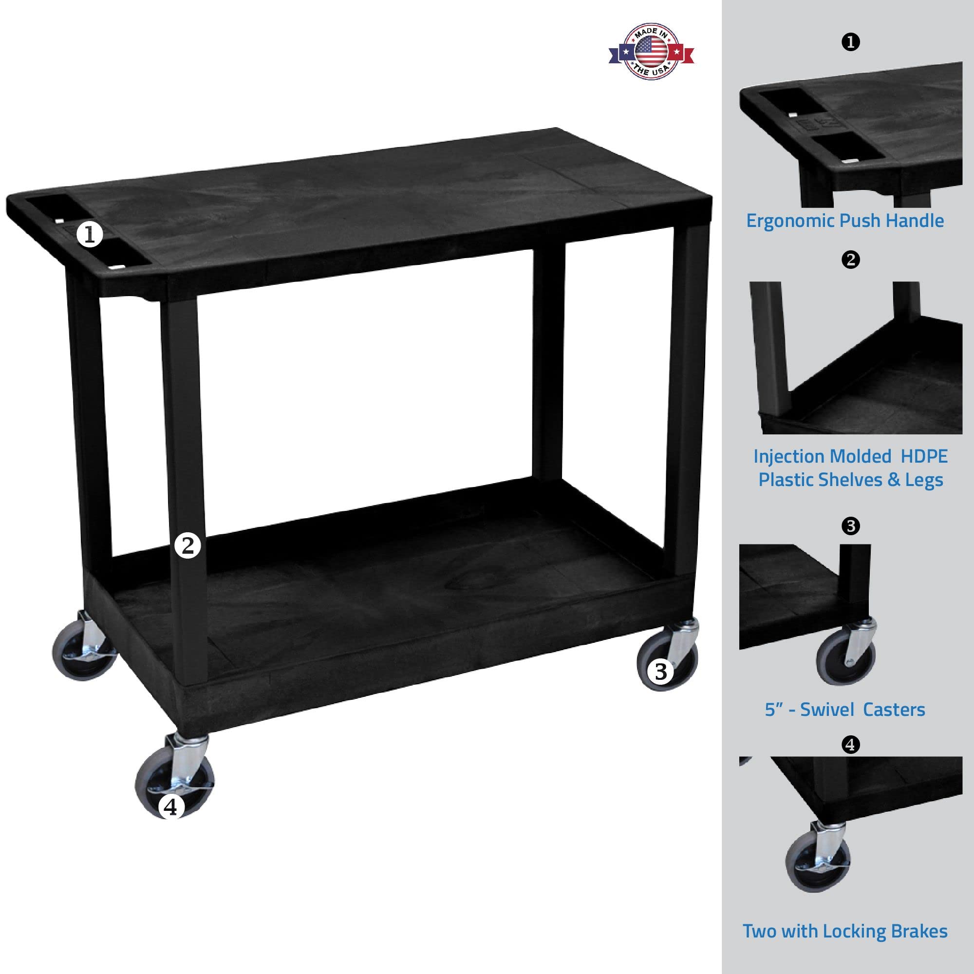 LUXOR EC21-B 32&quot; x 18&quot; Cart - One Tub/One Flat Shelves, Four 4&quot; Casters, Two Fixed Non-Locking Casters, Two with Locking Brake, 100 lbs. Per Shelf, Ergonomic Push Handle