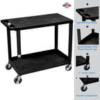 LUXOR EC21-B 32" x 18" Cart - One Tub/One Flat Shelves, Four 4" Casters, Two Fixed Non-Locking Casters, Two with Locking Brake, 100 lbs. Per Shelf, Ergonomic Push Handle