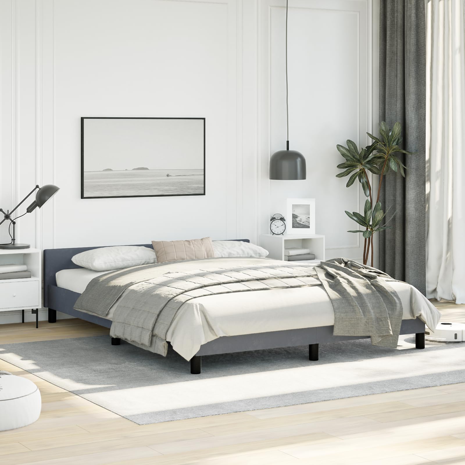 vidaXL Velvet Bed Frame Platform Bed, Scandinavian Style/Slats Support/No Box Spring Needed/Without Mattress/Easy Assembly, Dark Grey Queen Bed