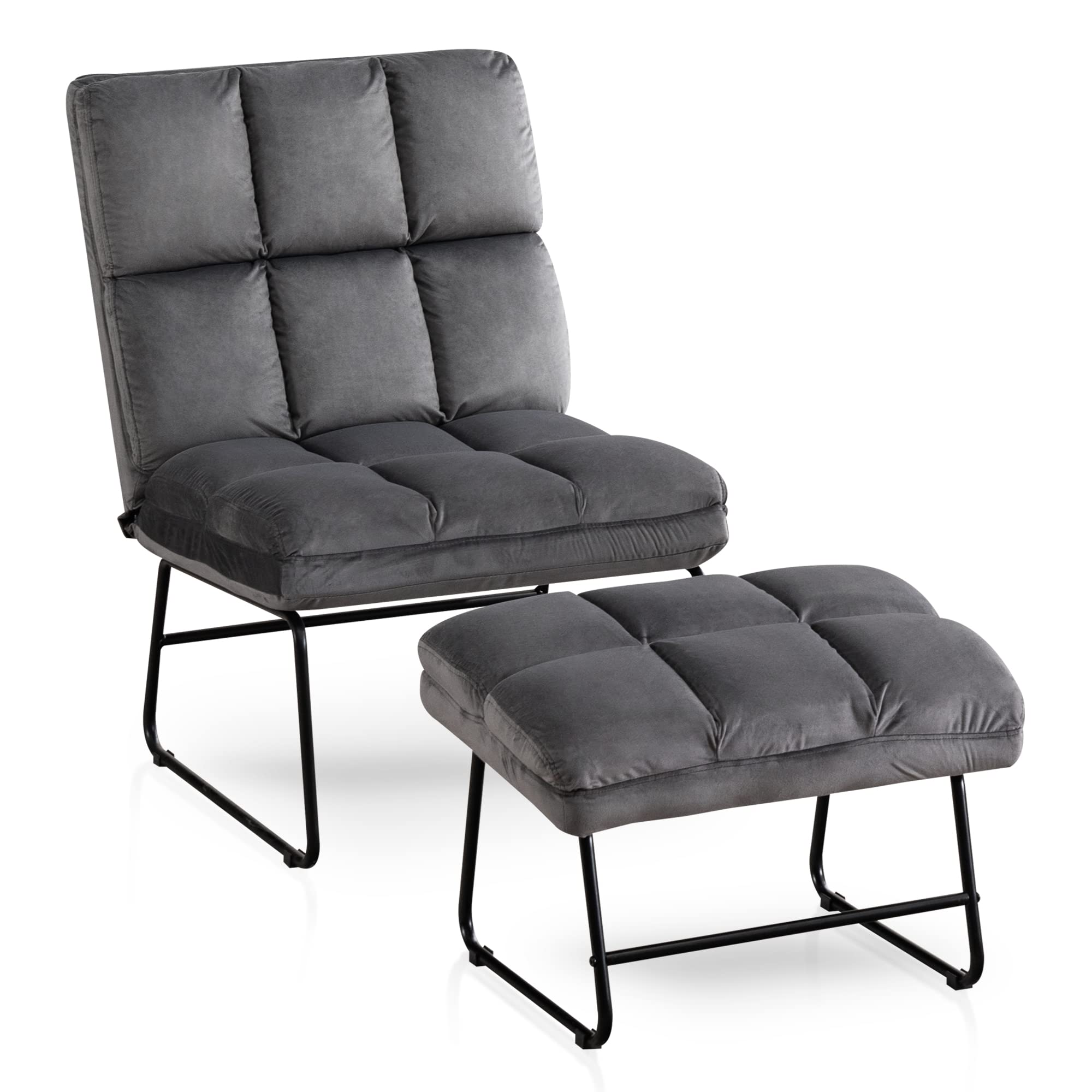 Mcombo Velvet Accent Chair With Ottoman Set, Modern Armless Chair For Living Room, Bedroom, Small Spaces, Fabric 0014 (Dark Grey