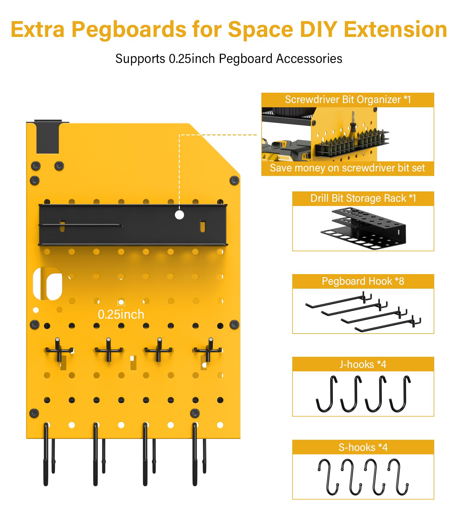 Junnuj Large Pegboard Power Tool Organizer With Charging Station, 8 Drills Driver And Tools Battery Holder Wall Mount With 8 Outlet Power Strip, Yellow 3-Layer Shop Garage Storage Utility Rack