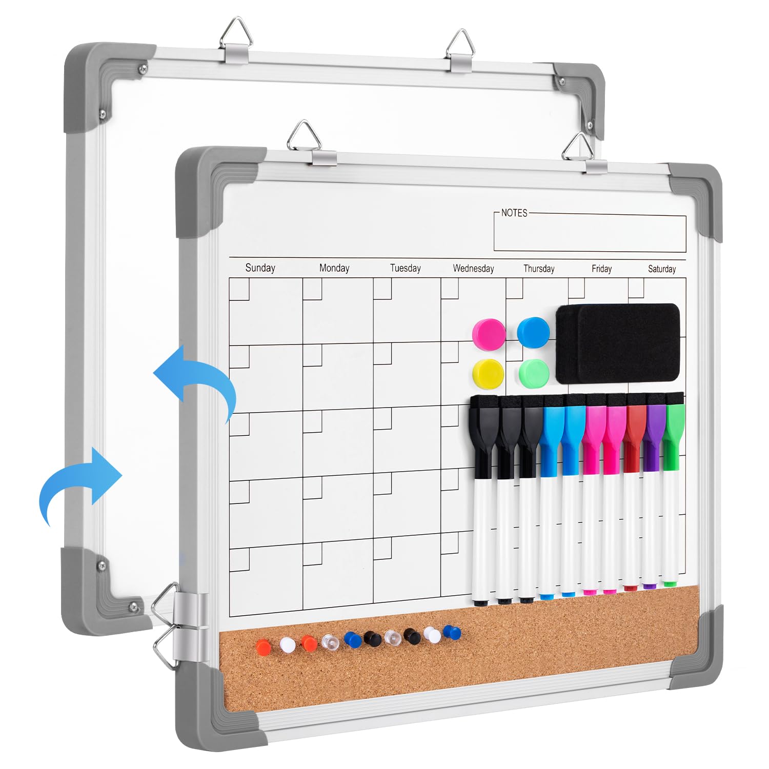 Vusign Monthly Calendar White Board Dry Erase Cork Board Combination For Wall, 17'X13' Double-Sided Magnetic Dry Erase Board,