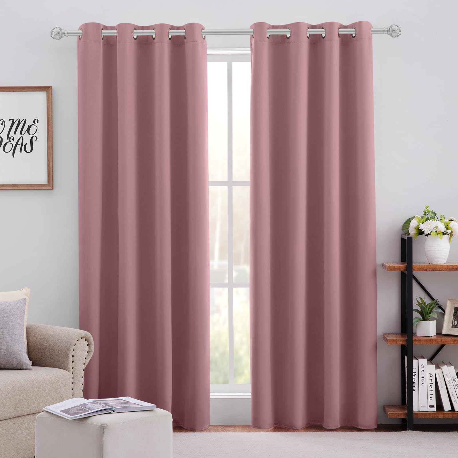 Homeideas Mauve Blackout Curtains For Bedroom 52 X 96 Inch Length 2 Panels Set Room Darkening Bedroom Curtains, Soundproof Therm