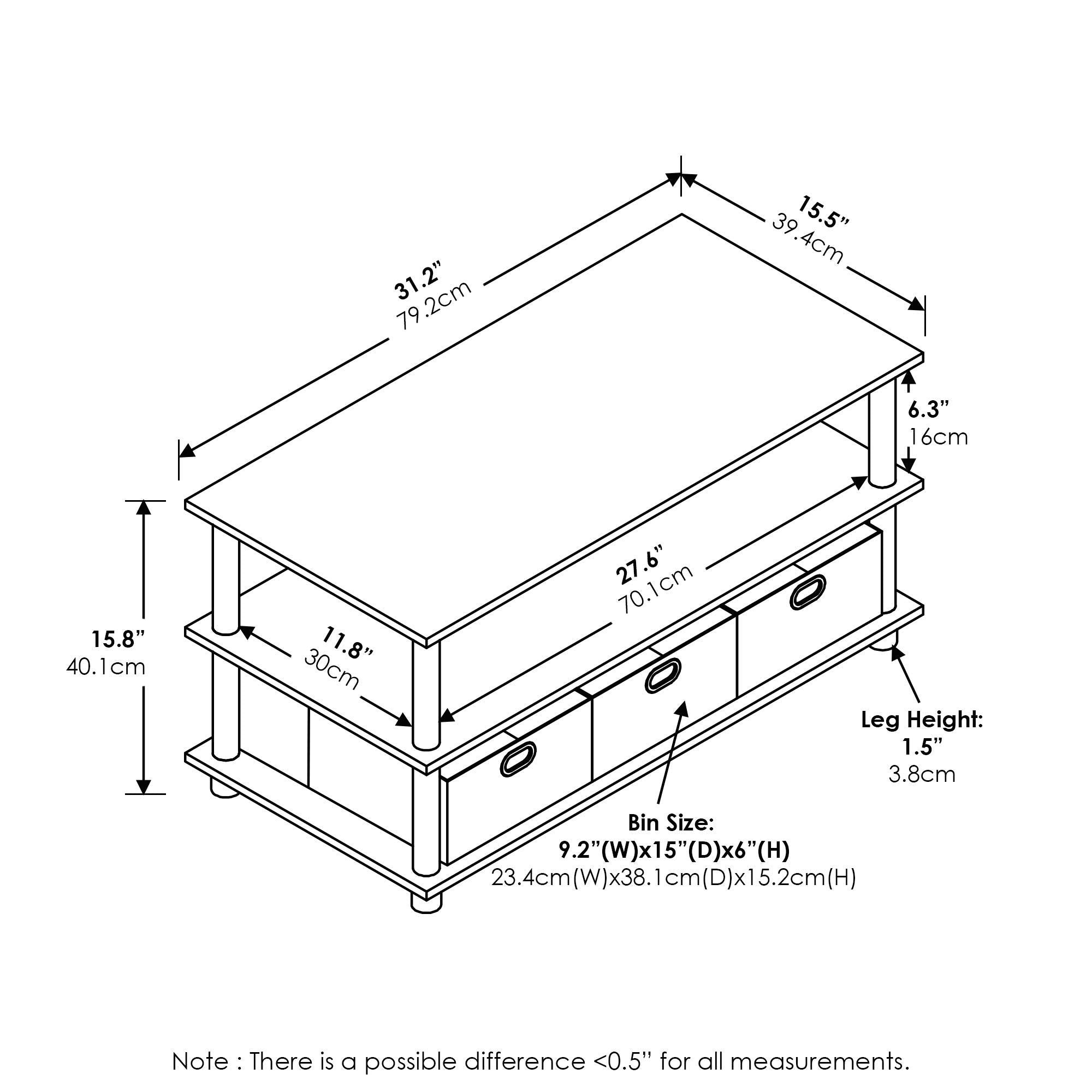 Furinno Turn-N-Tube Coffee Table, 31.22D X 15.5W X 15.8H In, Black Oak/Black/Brown