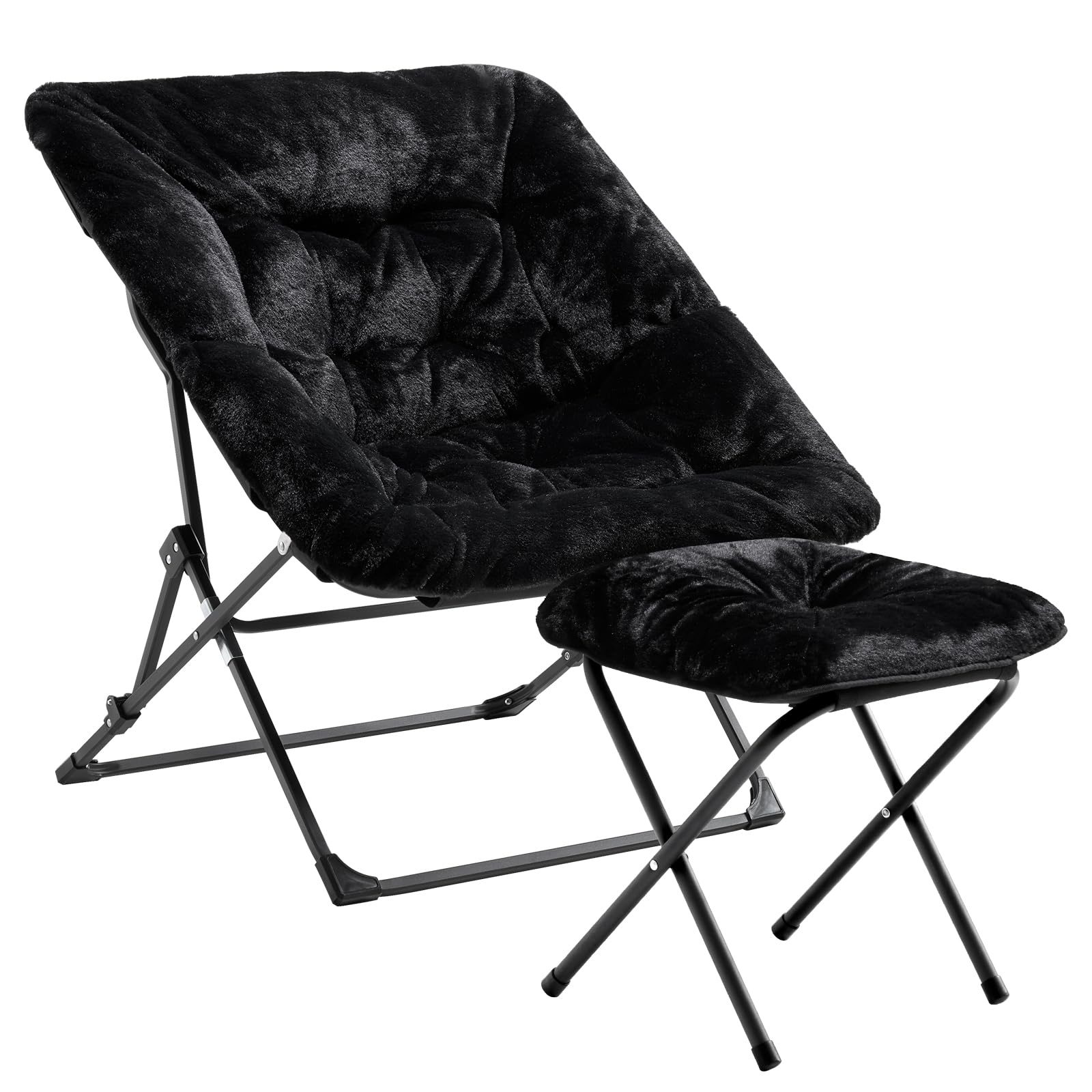 Oakham Comfy Saucer Chair For Adults, Soft Faux Fur Folding Lounge Chair For Bedroom Living Room Dorm Rooms Flexible Reading Chair For Teens Kids, X-Large Foldable Chair (Ottoman-Black)