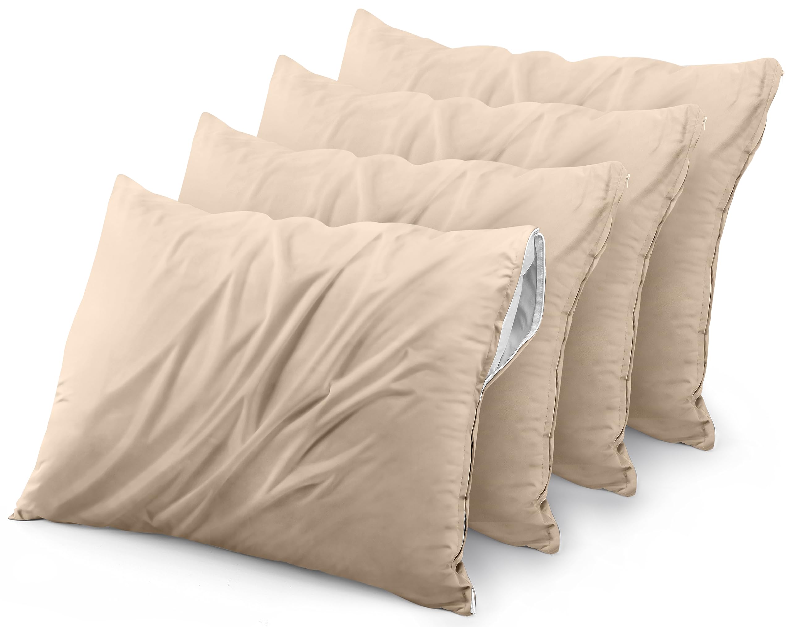 Utopia Bedding Waterproof Pillow Protector Zippered (4 Pack) Standard Beige - Bed Bug Proof Pillow Encasement 20 X 26 Inches