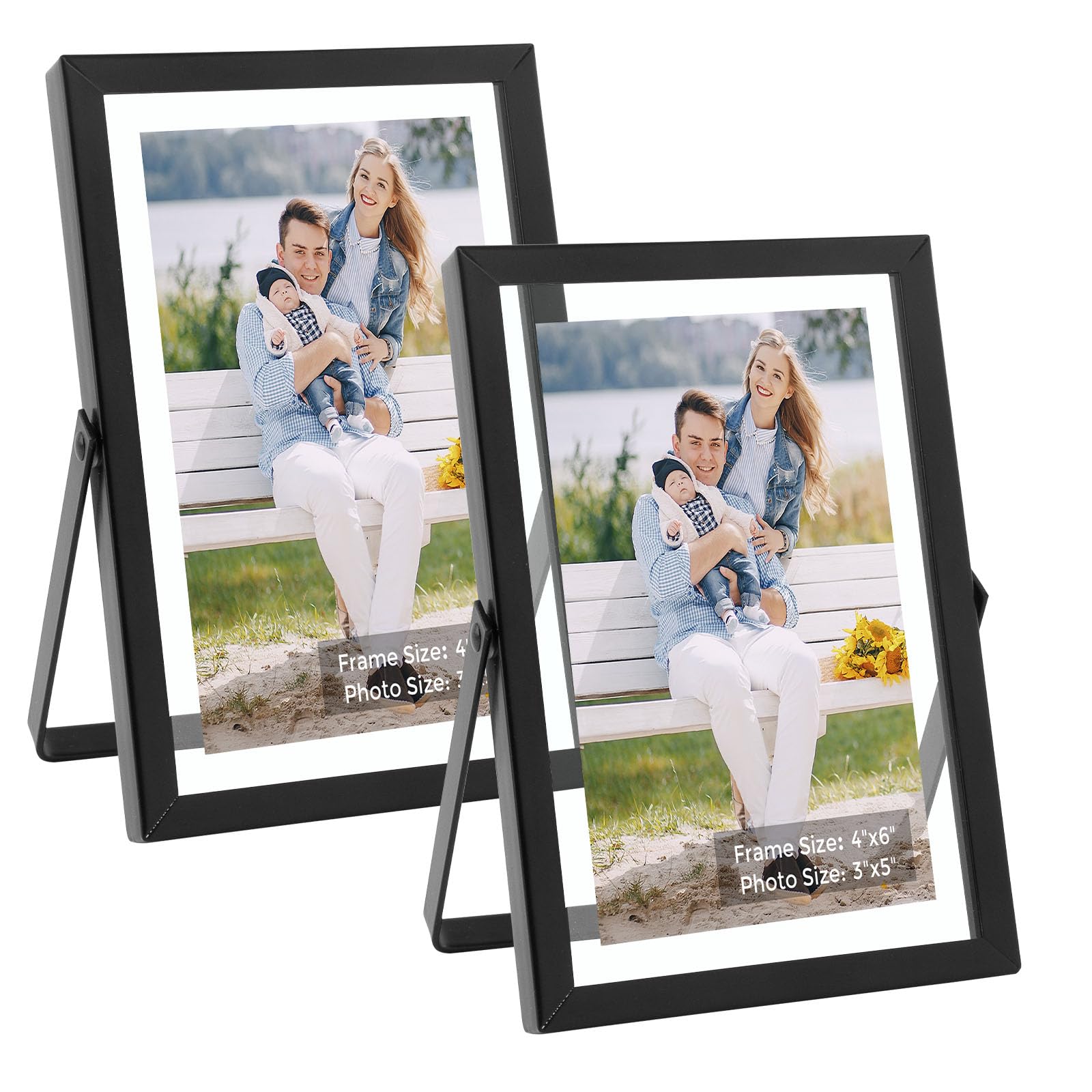 Golden State Art, Black 4x6 Frame for 3x5 Photo - Floating Frame for 3 x 5 or Smaller Photos - Metal Frame and Real Glass, Elega