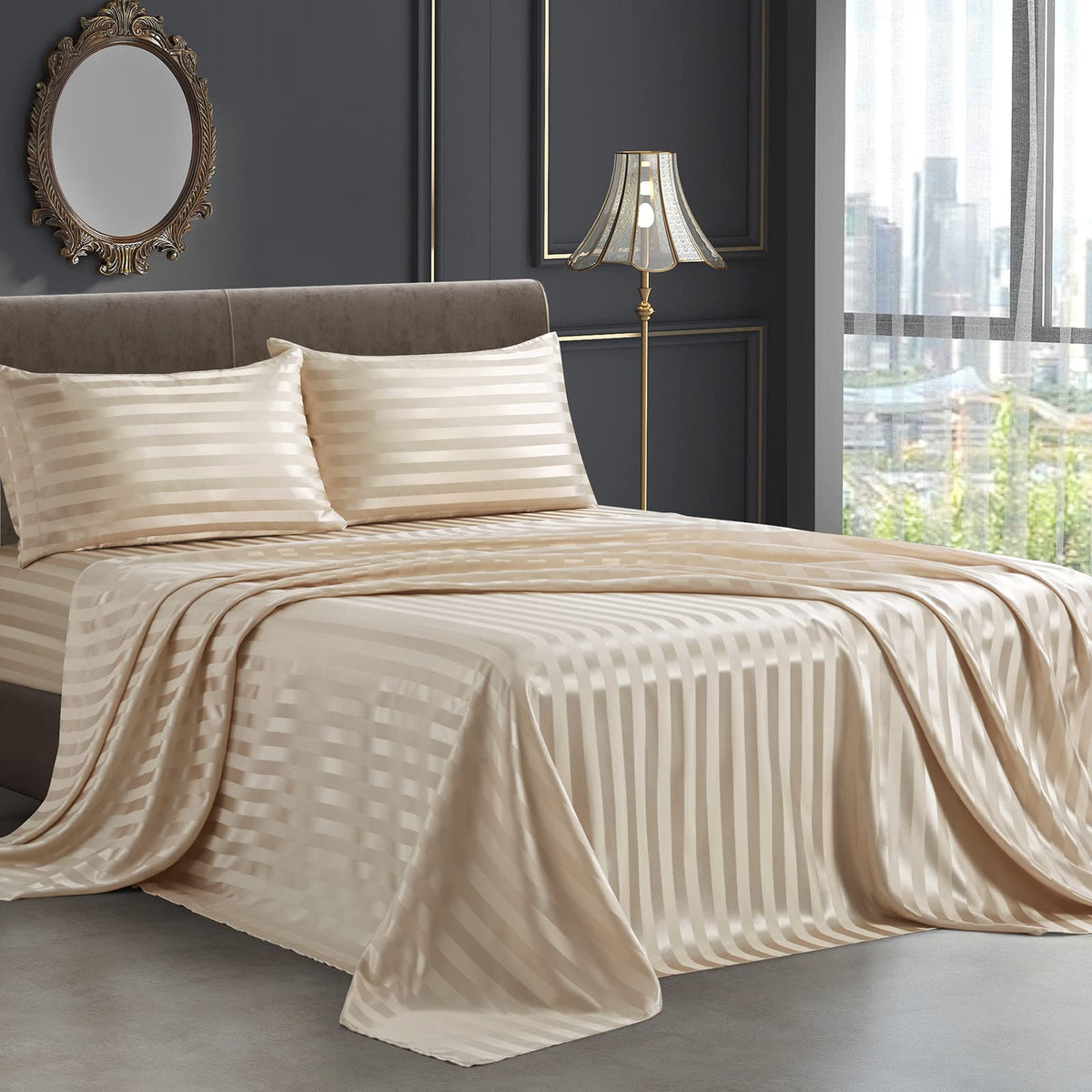 Siinvdabzx 4Pcs Satin Sheets Stripe Printed Sheets, Italian Style Silky Soft Beige Satin Full Bed Sheets With Deep Pocket, 1 Fit