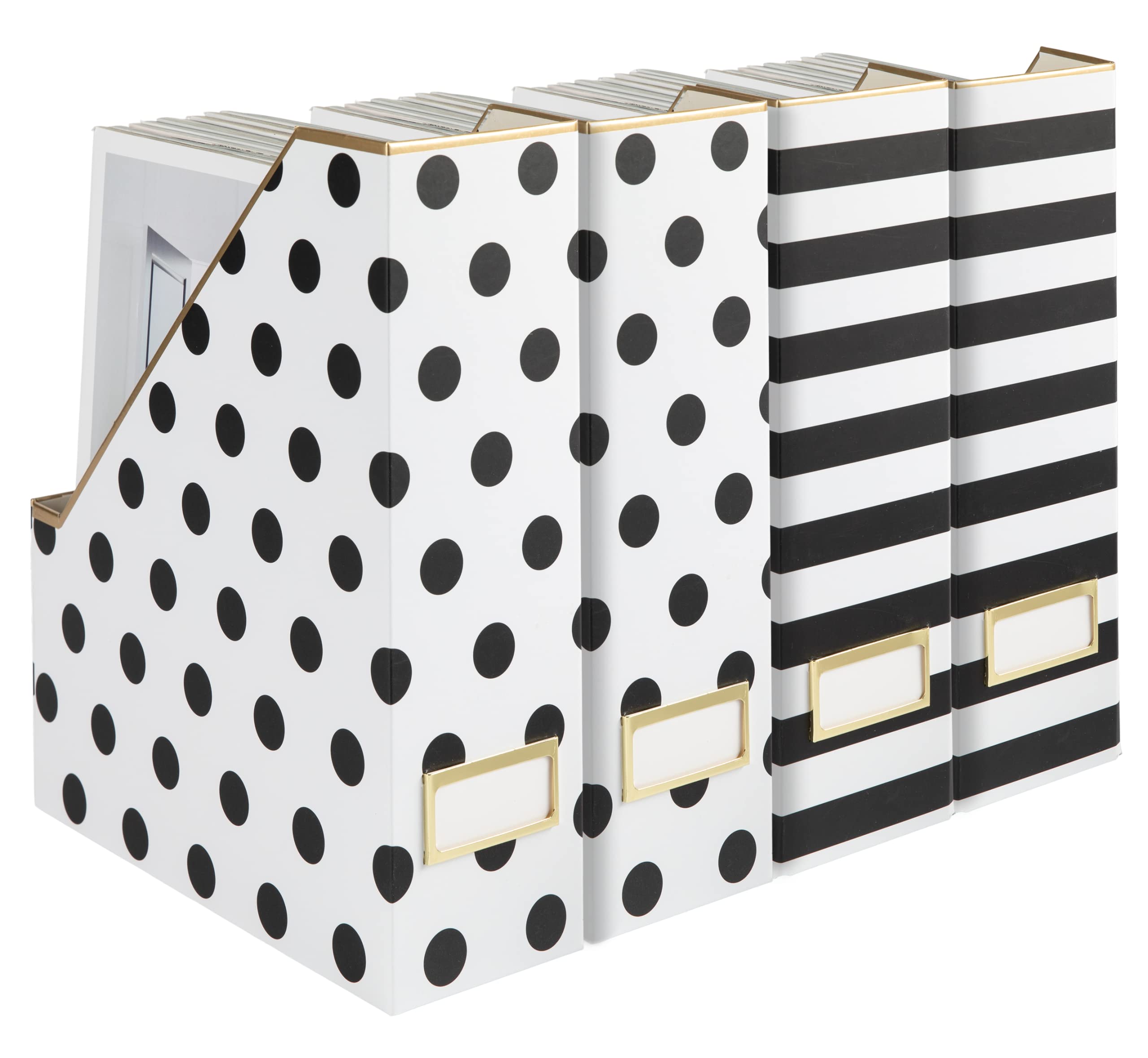 BLU MONACO Set of 4 Stylish Magazine File Boxes - 2 Black and White Stripes and 2 Polka Dots - Office Organization and Storage, 