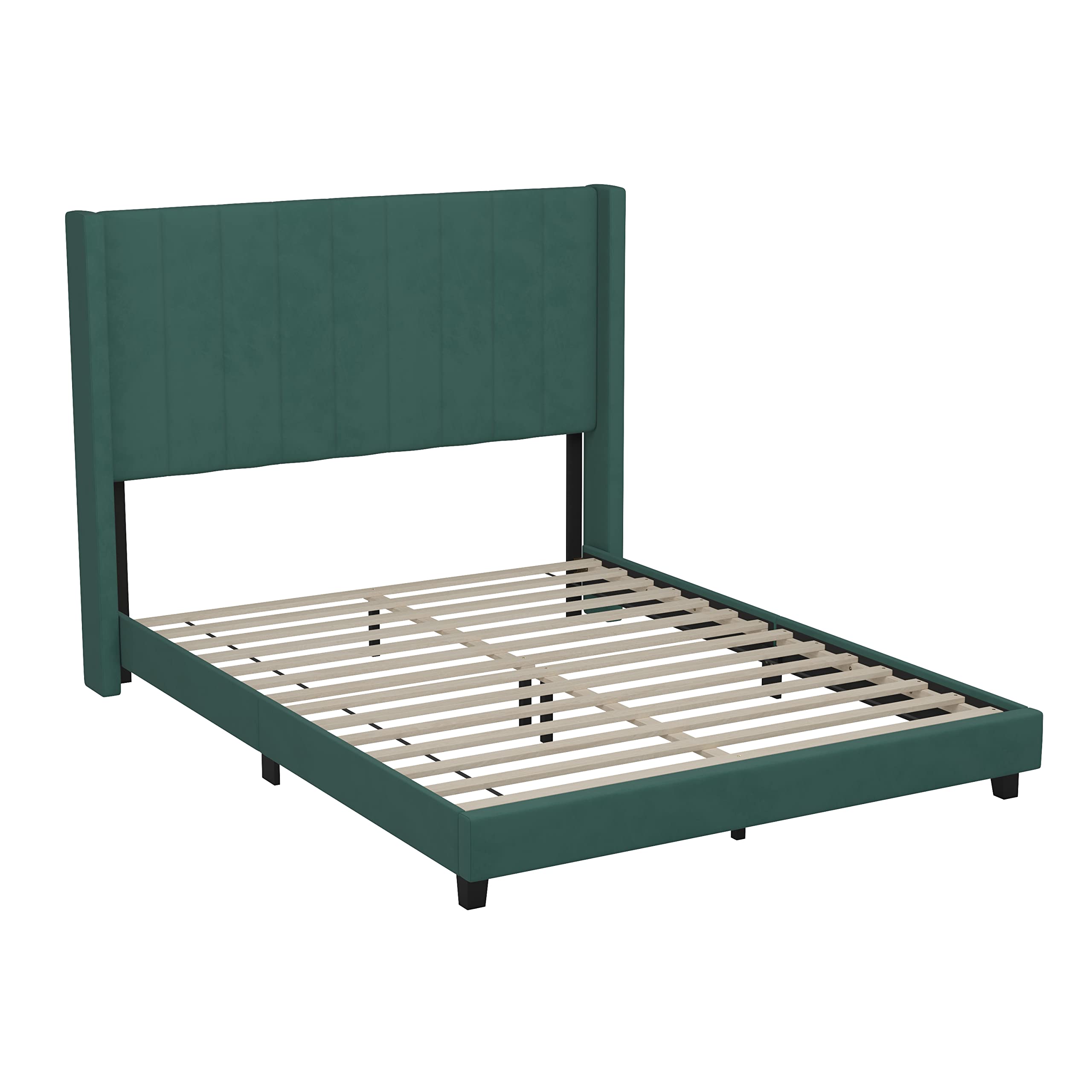 Flash Furniture Bianca Upholstered Platform Bed - Emerald Velvet Upholstery - Queen - Wingback Headboard - Slatted Mattress Foundation - No Box Spring Needed