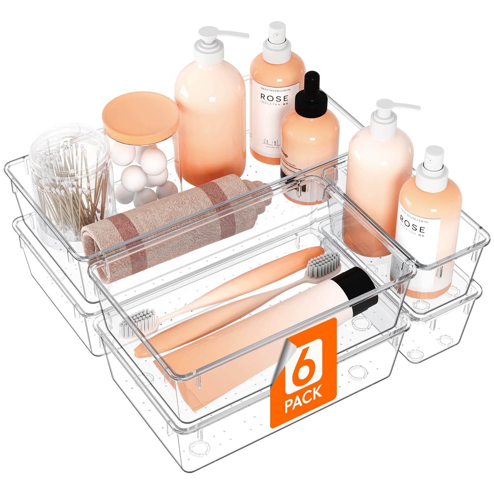 Lifewit 6 Pcs Large Bathroom Drawer Organizers, 3 Sizes Clear Plastic Storage Organizer Trays For Make Up, Kitchen Utensils, Van