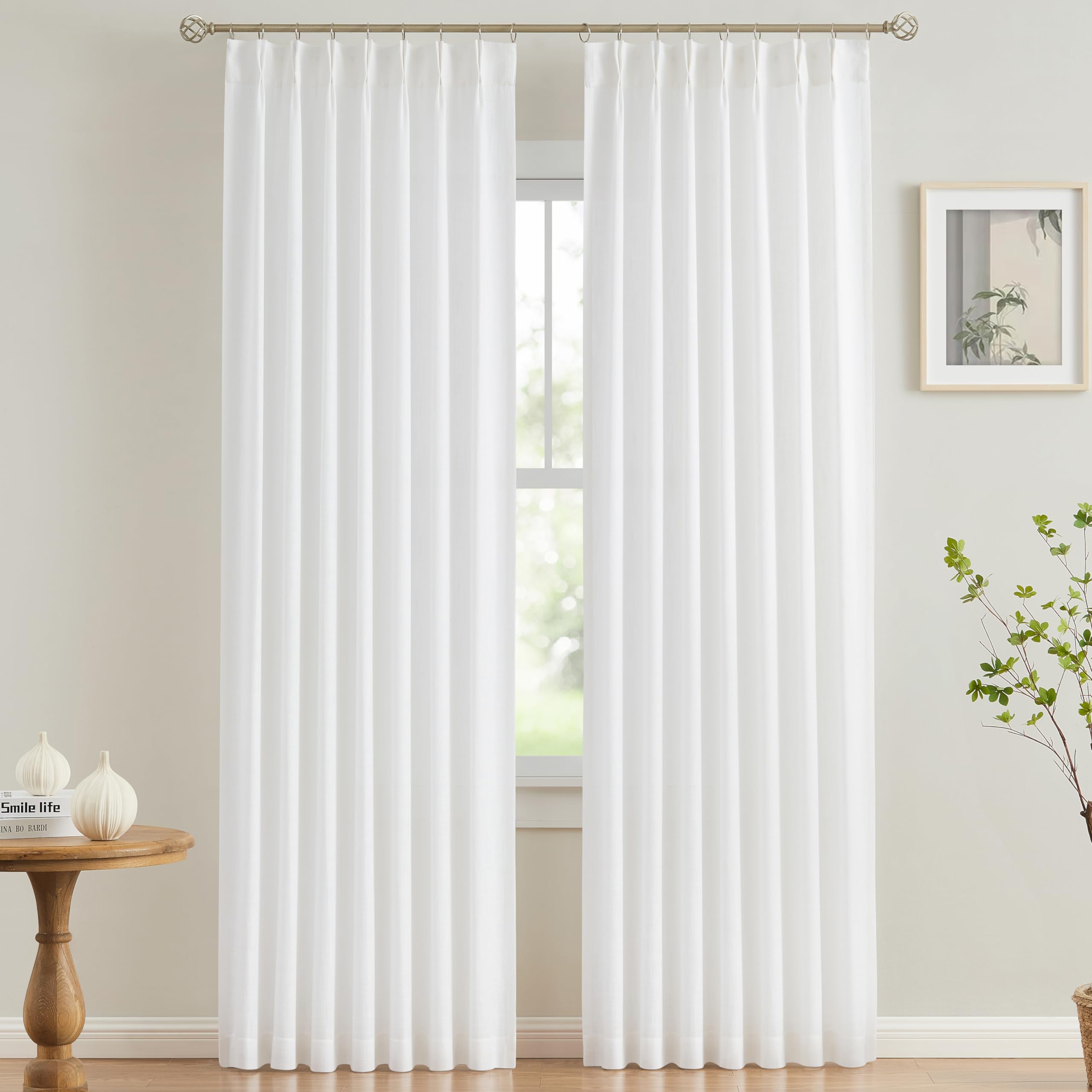 Vision Home White Pinch Pleated Semi Sheer Curtains Textured Light Filtering Window Curtains 102 Inch For Living Room Bedroom Ra