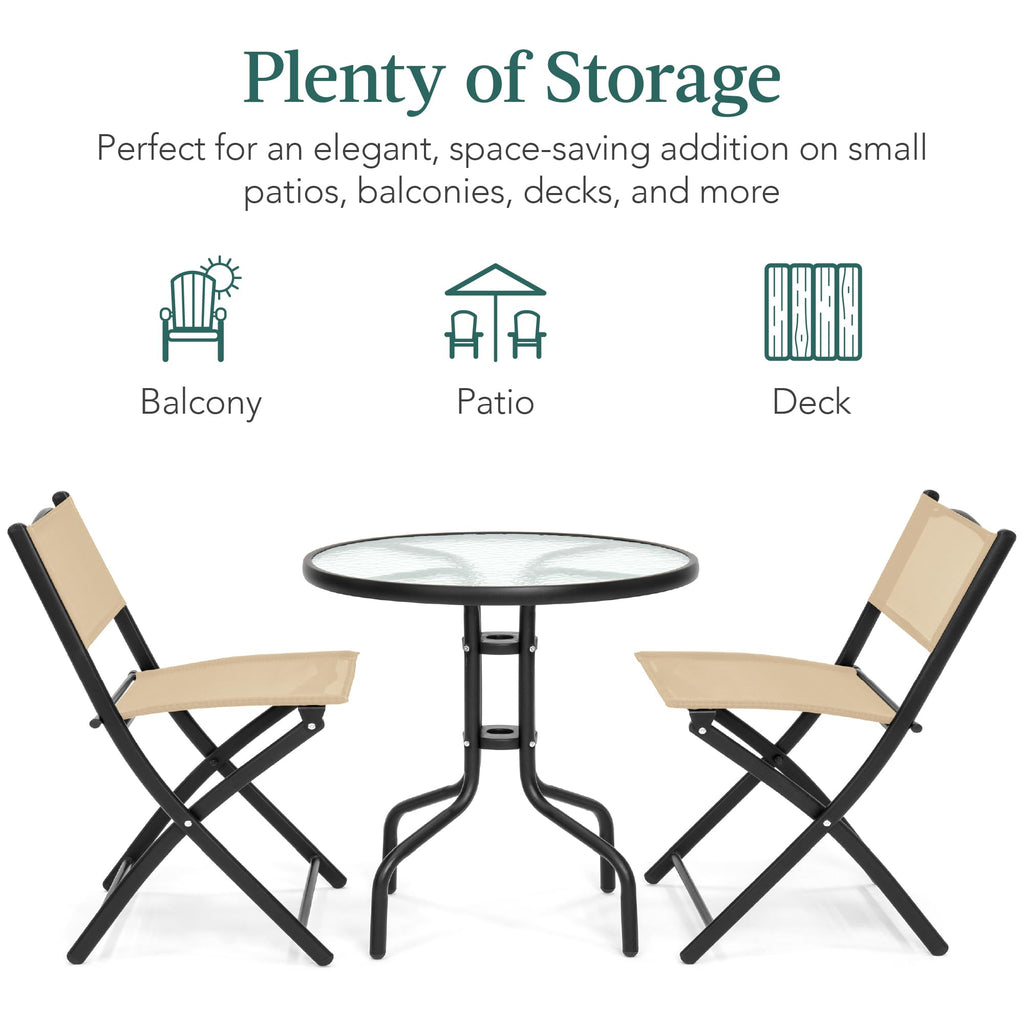 Best Choice Products 3-Piece Patio Bistro Dining Furniture Set W/Textured Glass Tabletop, 2 Steel Folding Chairs, Polyester Fabric - Beige