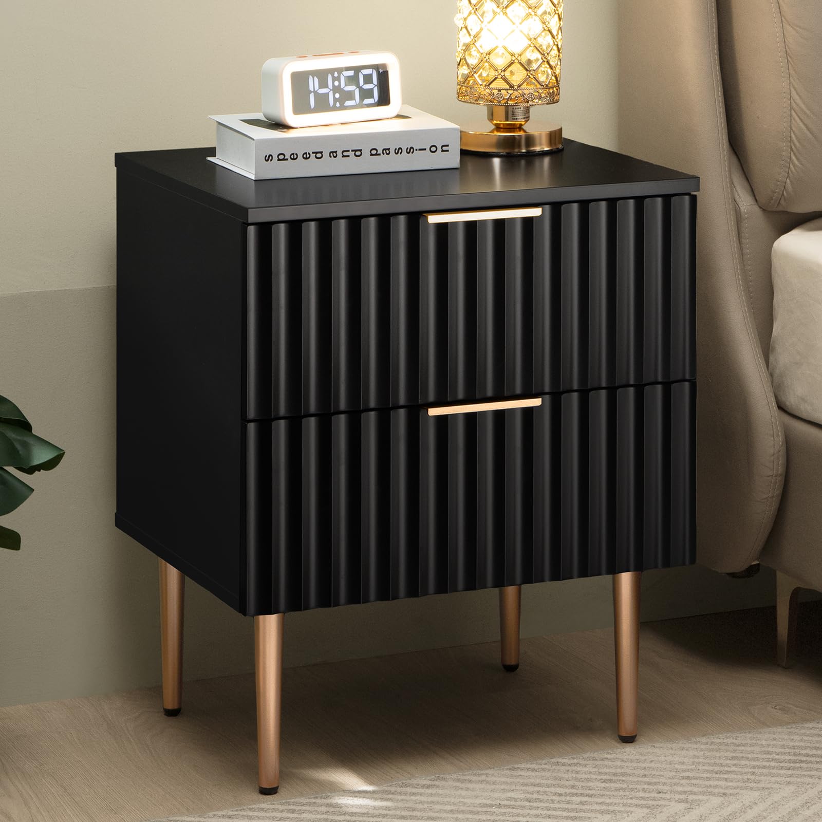 Sicotas Black Night Stand, Fluted Glossy Nightstand With 2 Drawers, Wide Modern Storage Bedside Table For Bedroom, End Side Table With Golden Metal Legs And Handles (Black, 1 Piece)
