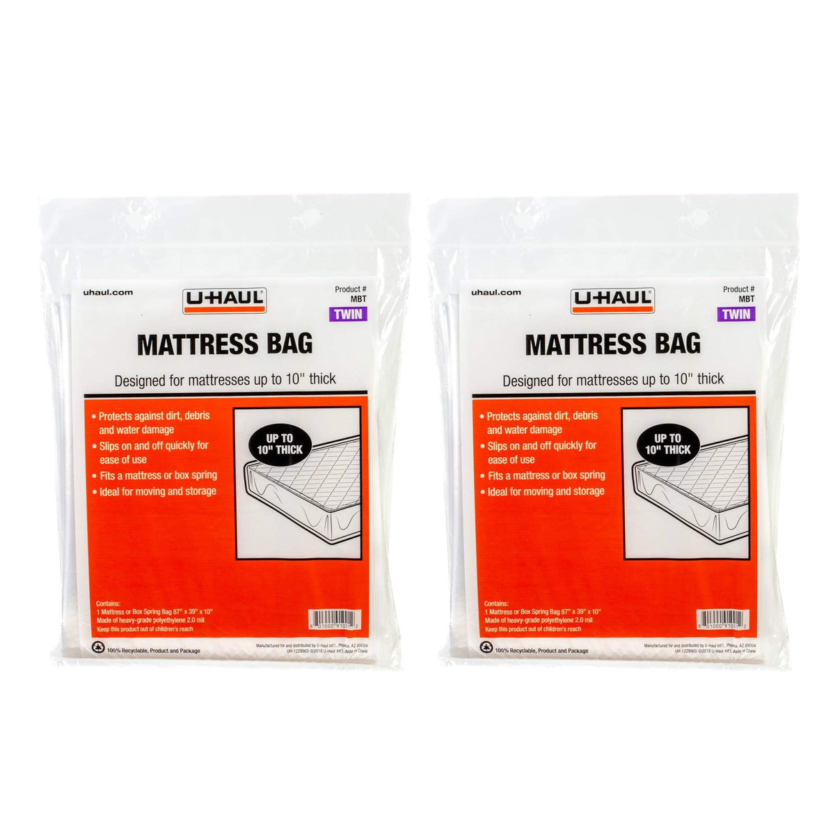 UHaul Twin Mattress Bags for Moving, Storage, and Renovation Protection  87 x 39 x 10  Pack of 2