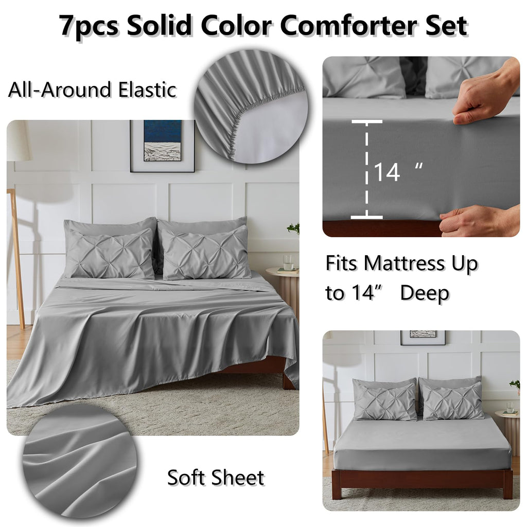 Himeet Gray Comforter Set Queen 7 Pieces Bedding Set Pintuck Queen Bed In A Bag Set Pinch Pleat Queen Size Bed In A Bag Grey