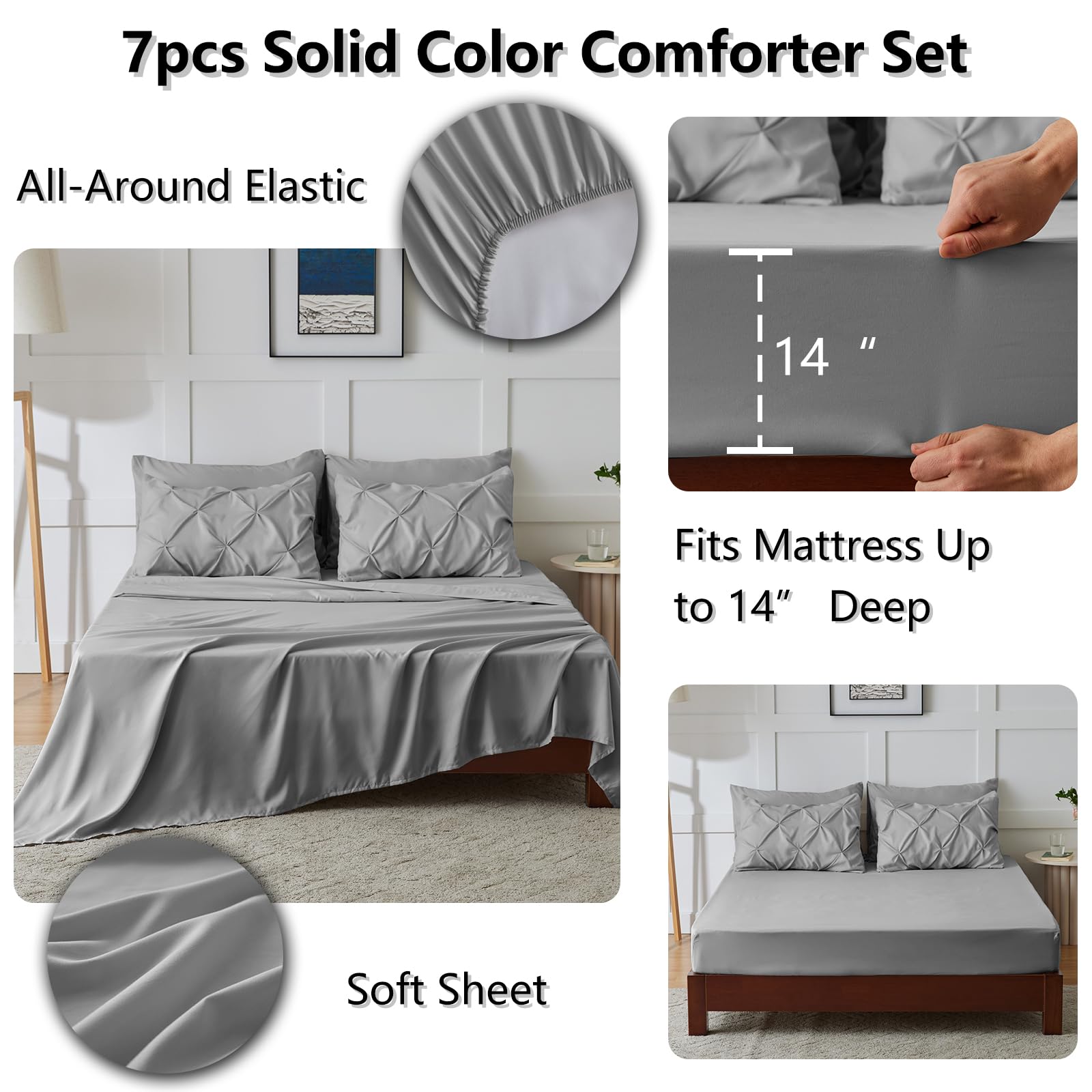 Himeet Gray Comforter Set Queen 7 Pieces Bedding Set Pintuck Queen Bed In A Bag Set Pinch Pleat Queen Size Bed In A Bag Grey