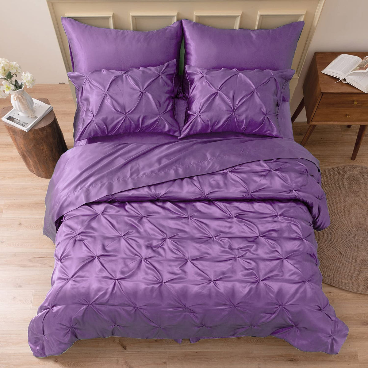 Mr&Hm Satin Comforter California King 7 Pieces Lavender - Luxurious Pinch Pleat Bedding Set With Comforter, Flat Sheet, Fitted S