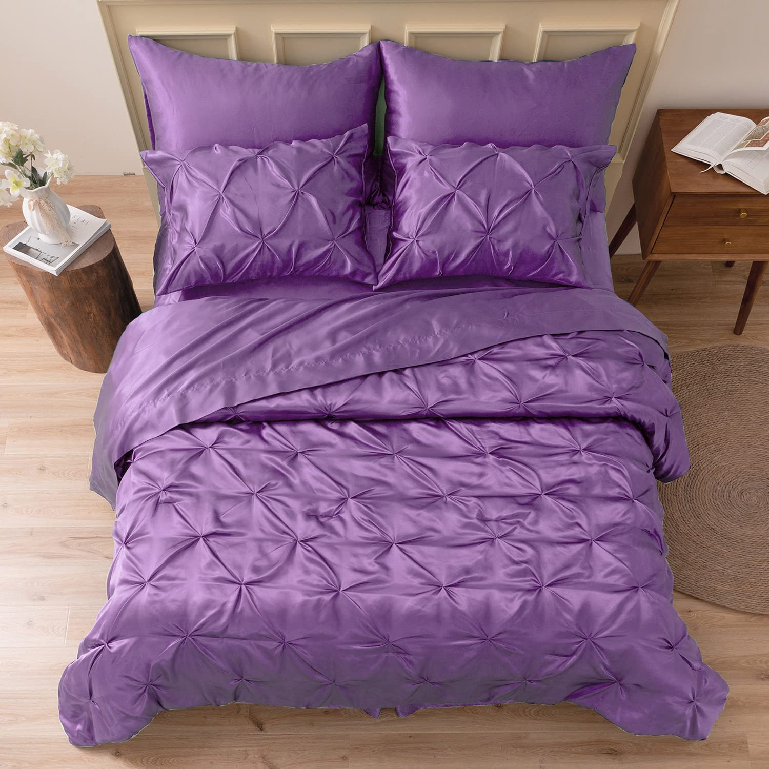Mr&Hm Satin Comforter California King 7 Pieces Lavender - Luxurious Pinch Pleat Bedding Set With Comforter, Flat Sheet, Fitted S